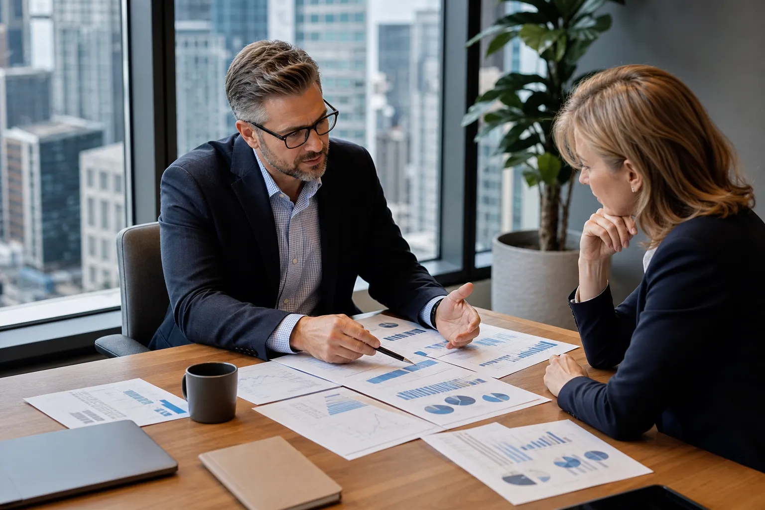 Two finance professionals discuss printed charts and reports across a conference table in a city office.