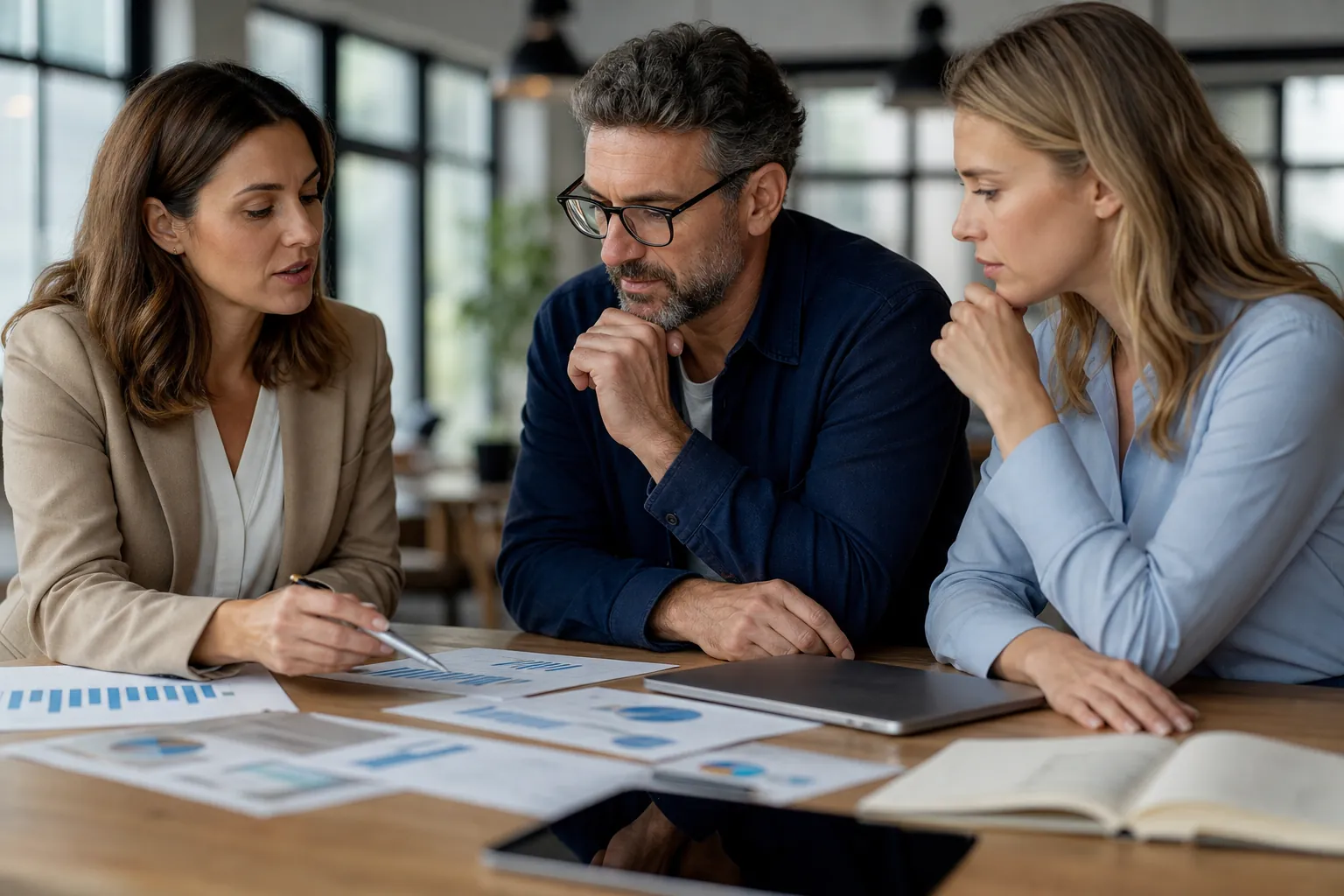 Three People Reviewing Financial Charts Together Three people review financial charts at a wooden table with a closed laptop, a tablet, and an open notebook.