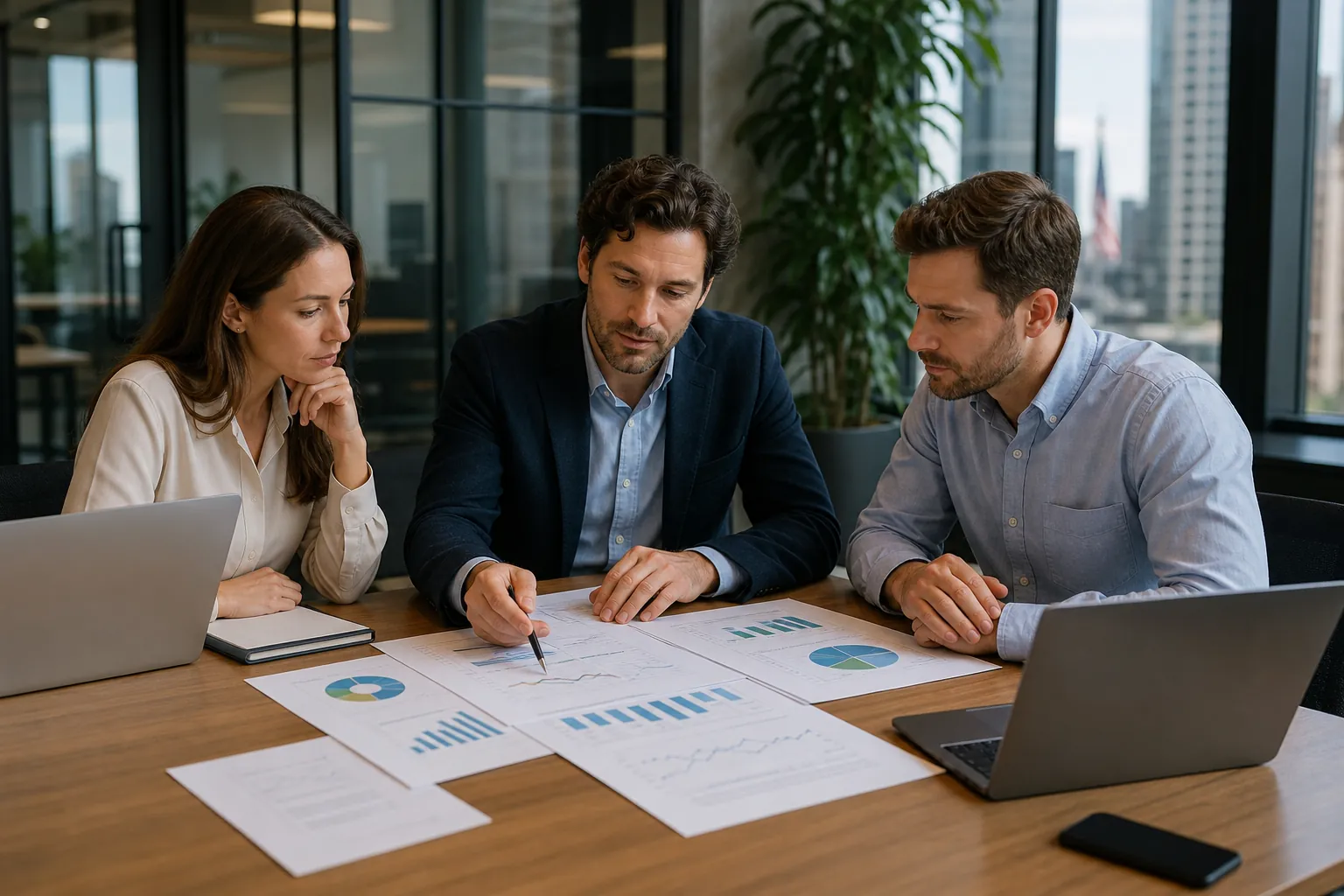Professionals Reviewing Financial Charts in an Office Three professionals review printed financial charts at a wooden conference table with two laptops in a glass-walled office.