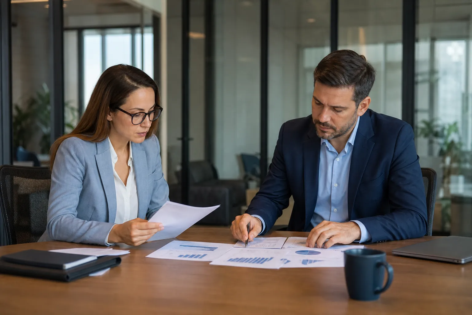 Professionals Reviewing Financial Reports Together Two professionals review printed financial charts at an office table with a pen, notebooks, a laptop and a mug.