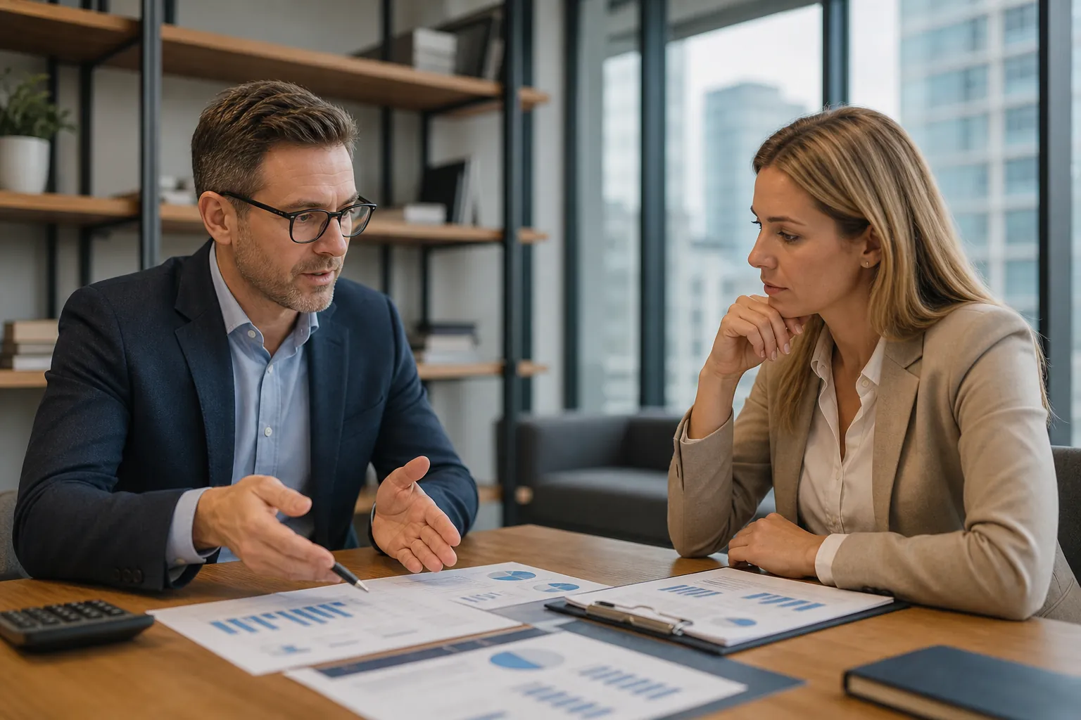 Two Professionals Reviewing Financial Charts A man and woman in business attire review financial charts at an office table with a calculator and clipboard.