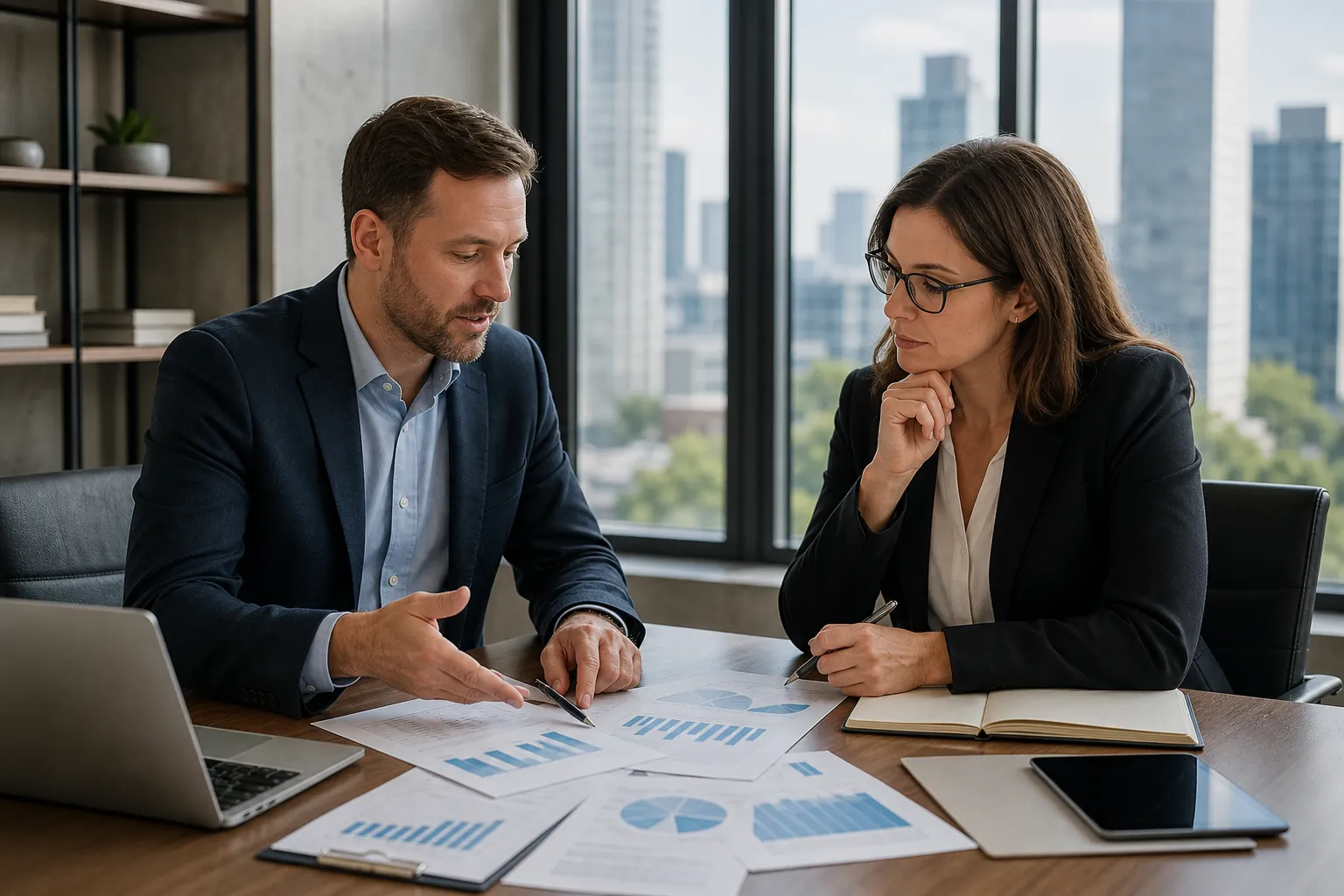 Business Professionals Reviewing Financial Charts Two business professionals review printed financial charts at an office table with a laptop, tablet, and open notebook.