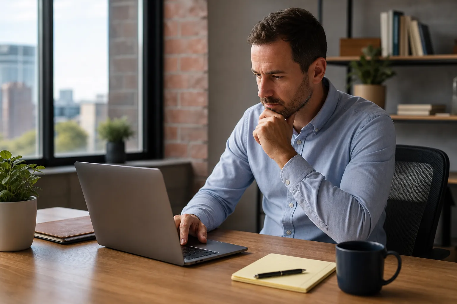 Thoughtful Man Reviewing Work on a Laptop A thoughtful man rests his chin on one hand while using a laptop at a wooden desk with a notepad, pen and mug.