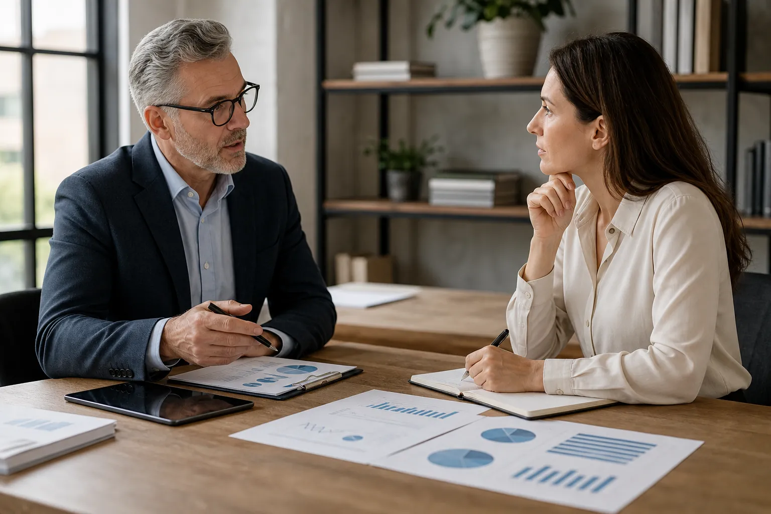 A man in glasses and a woman discuss financial charts at a wooden office table with a tablet, clipboard, and open notebook.