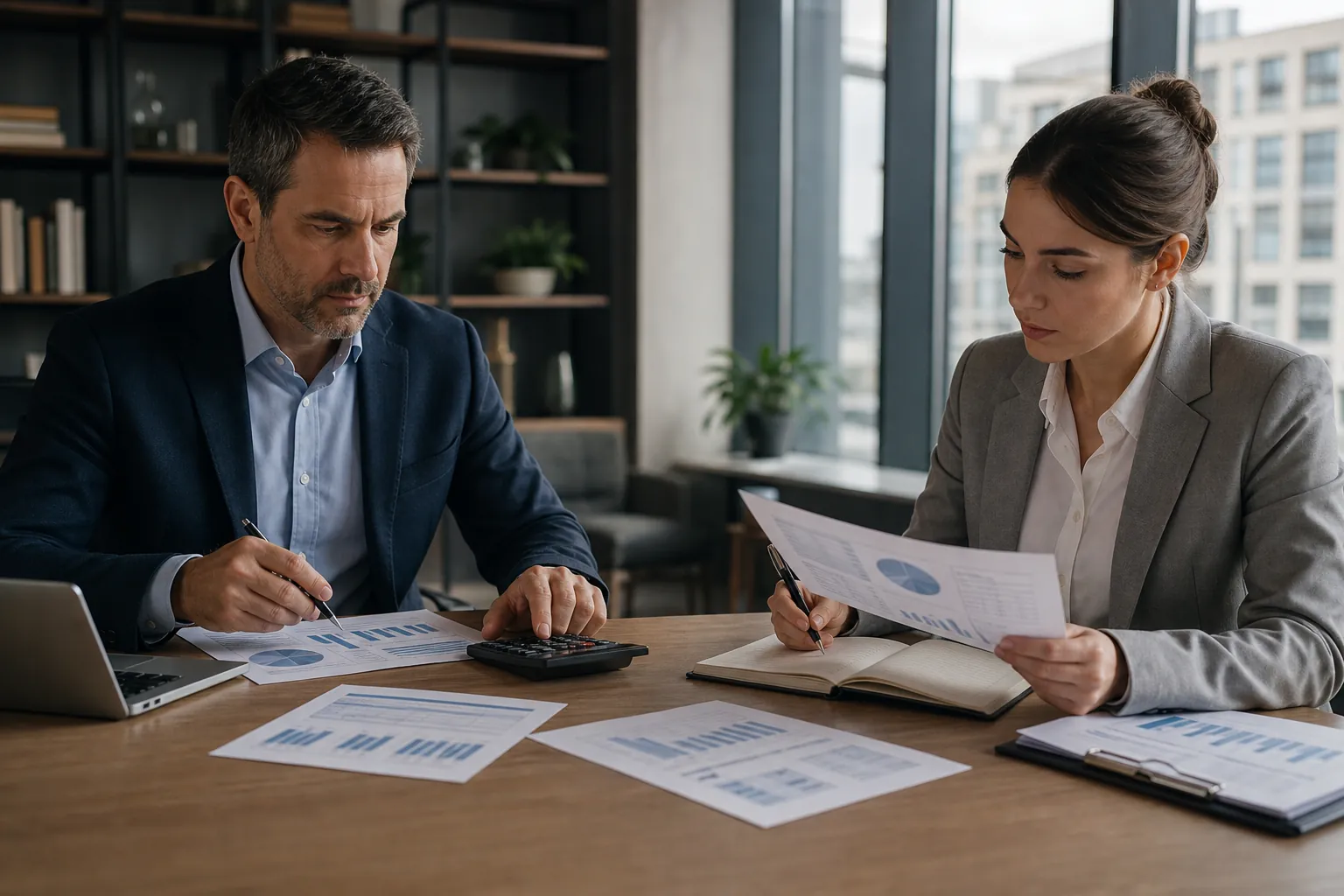 Business Professionals Reviewing Financial Reports Two business professionals review financial charts at a wooden desk with a calculator, laptop, and open notebook.