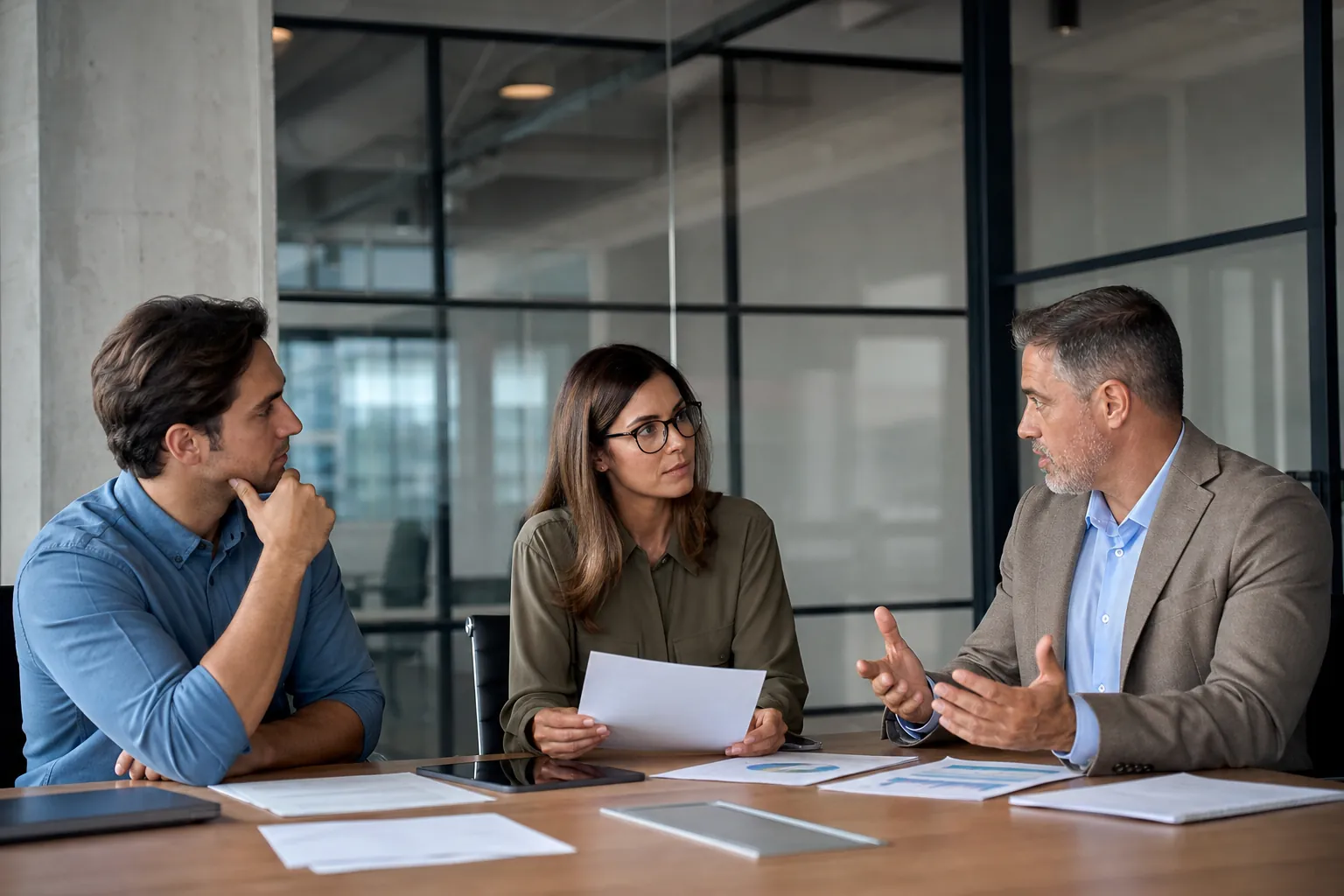 Financial Planning Discussion in a Modern Office Three professionals discuss documents and financial charts around a conference table in a glass-walled office.