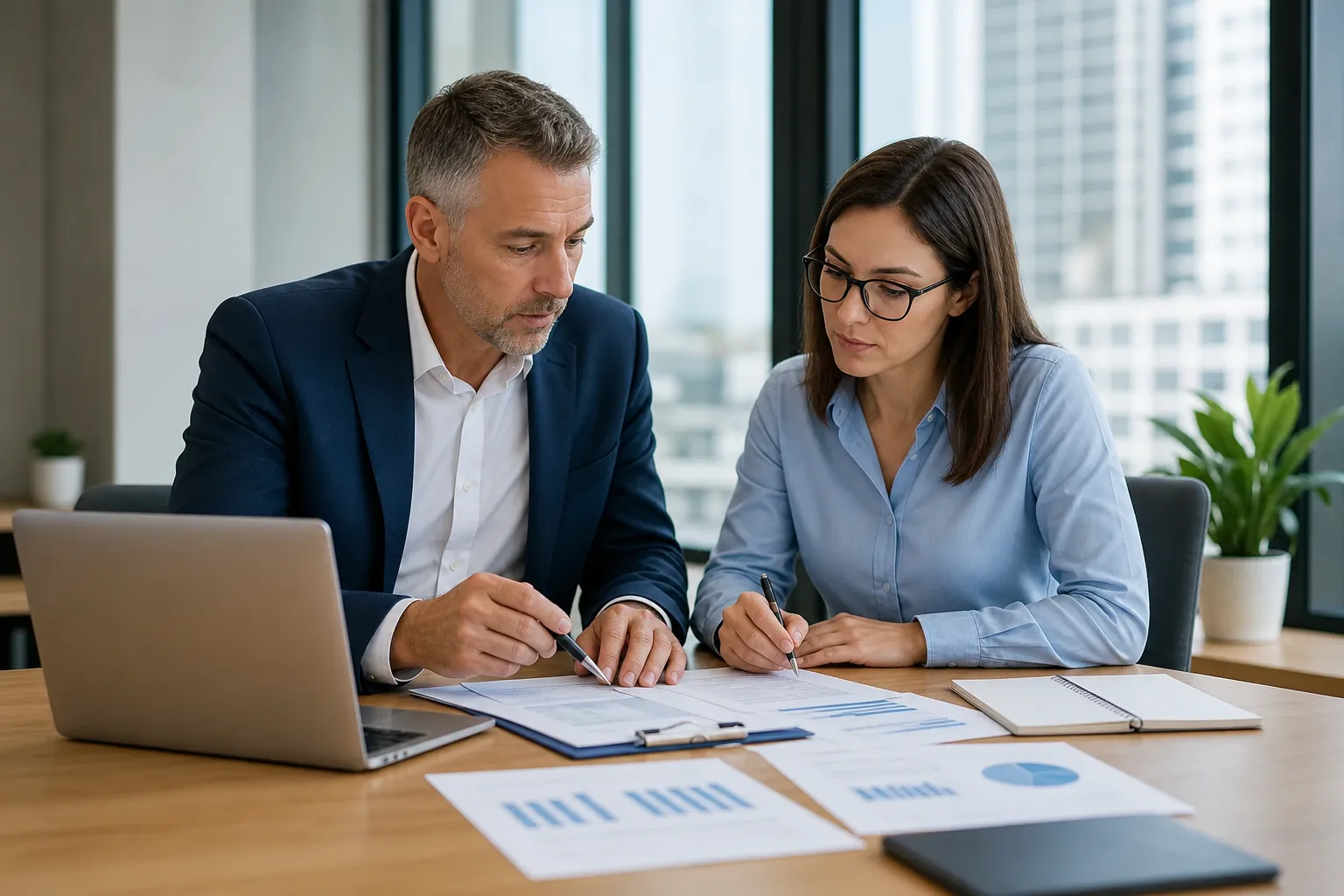 Business Professionals Reviewing Financial Reports (featured) Two business professionals review financial charts at an office table with a laptop, clipboard, and open notebook.