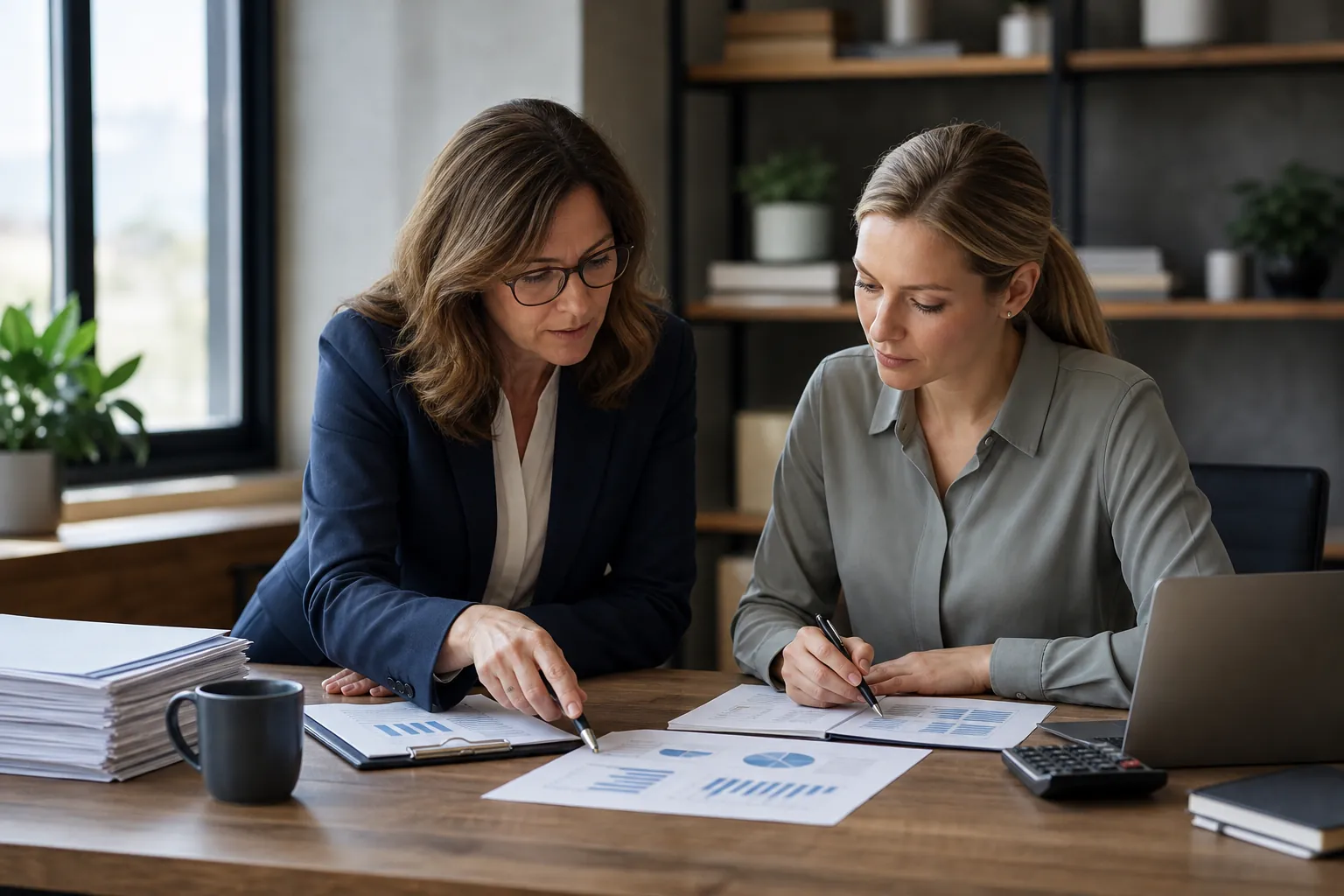 Two Colleagues Reviewing Financial Reports (next step) Two women review printed financial charts at an office desk with a laptop, calculator, and stacked paperwork.