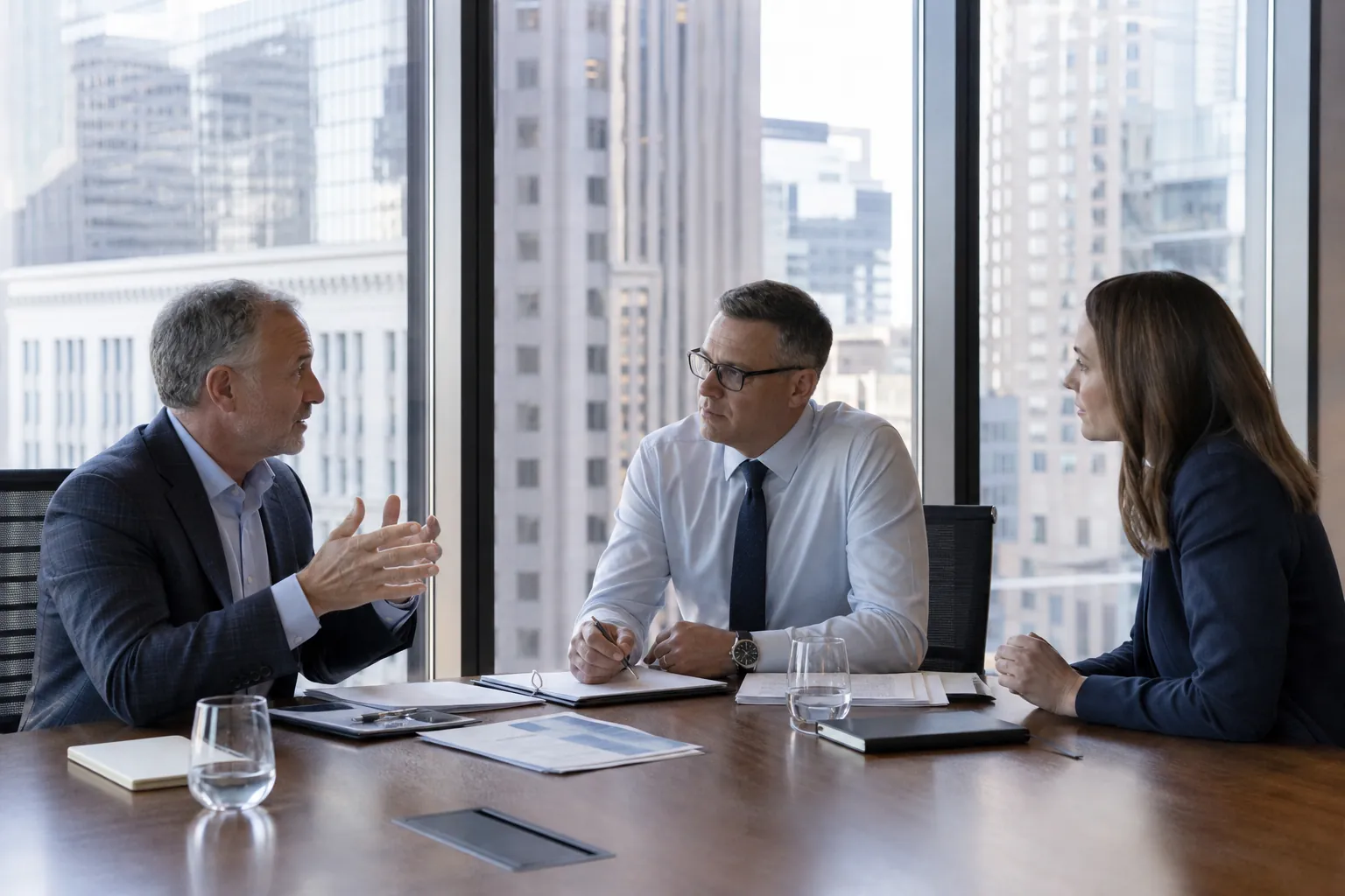 Executives Discuss Leadership Transition in a City Office Three executives discuss financial documents around a conference table in a high-rise office overlooking a city.