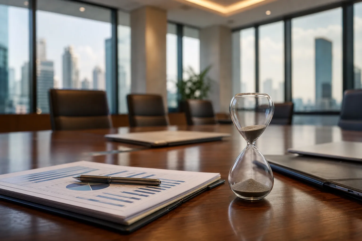 Hourglass and Financial Reports in a Corporate Boardroom Hourglass beside financial charts and laptops on a conference table in a modern city office.