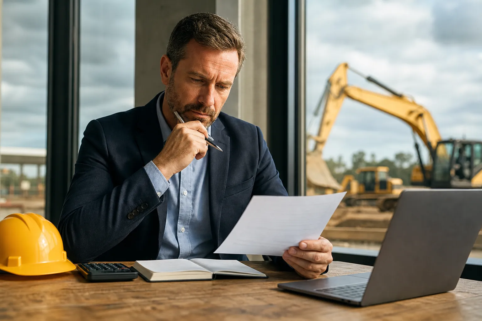 Man reviews paperwork at a desk with a laptop, calculator and yellow hard hat, with an excavator visible outside.