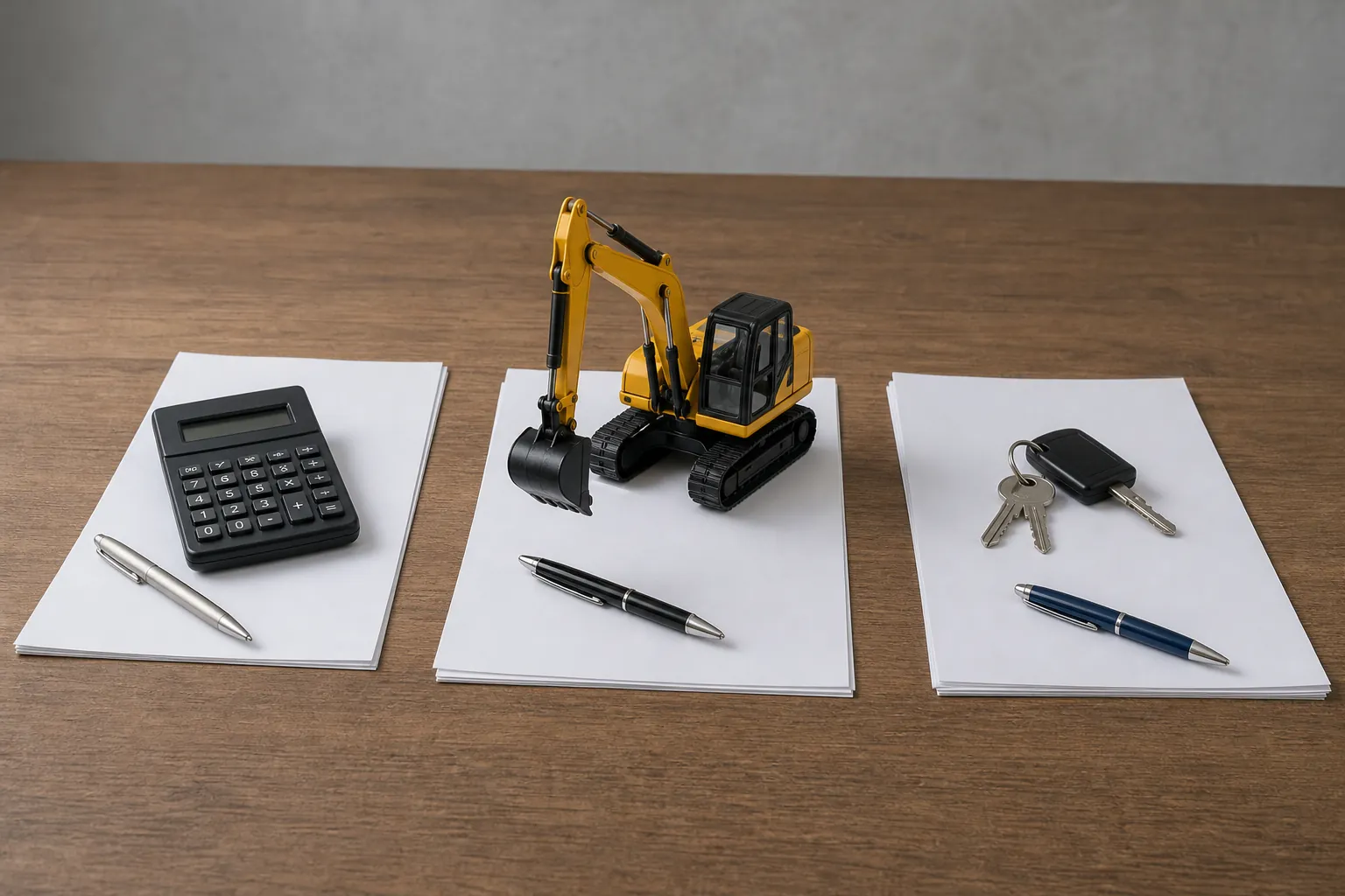 Calculator, Model Excavator, and Keys on Paper A calculator, miniature yellow excavator, and keys sit on three separate stacks of blank paper with pens on a wooden table.