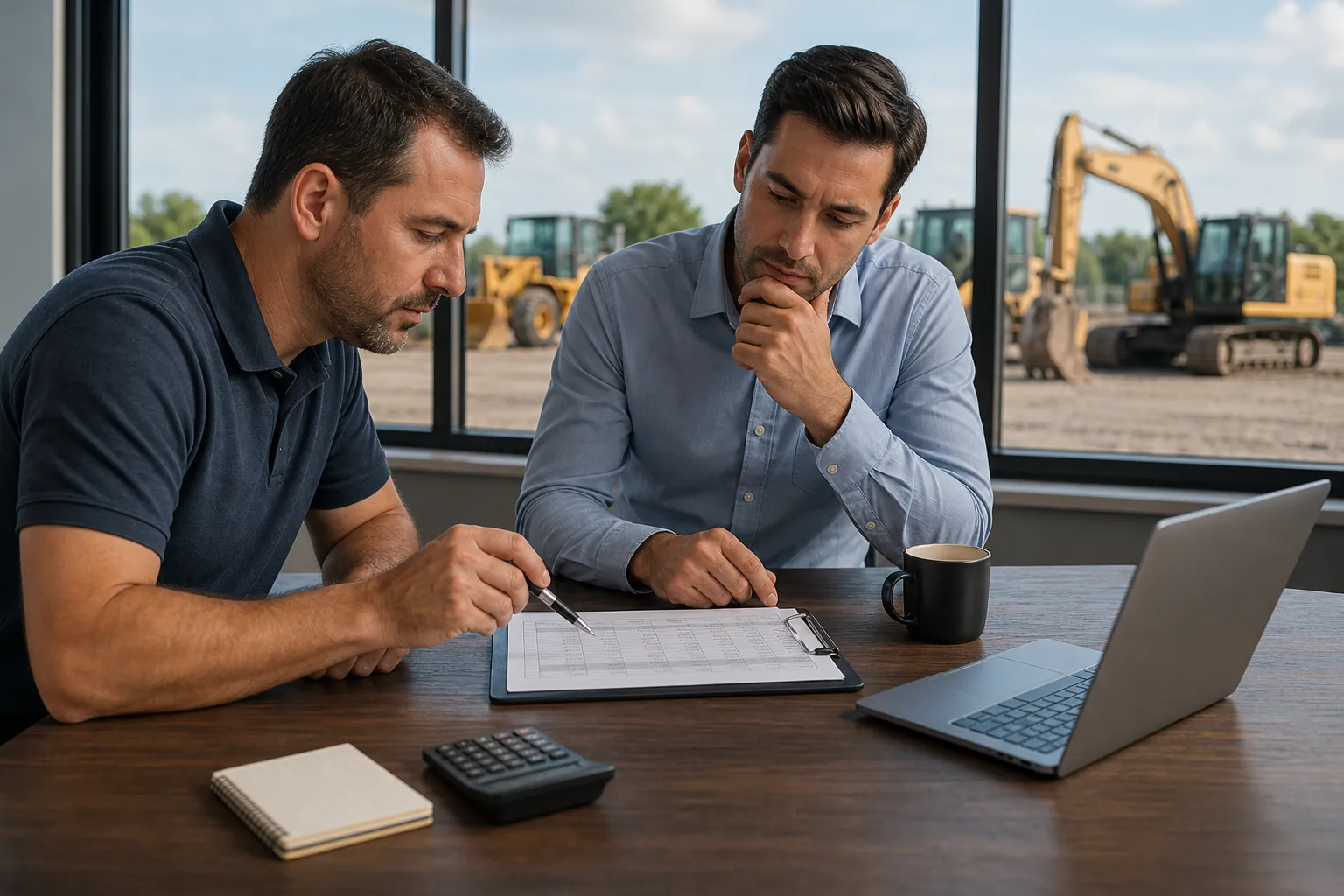 Reviewing Equipment Costs with Construction Machinery Outside Two men review a clipboard at a desk with a calculator and laptop, with construction equipment visible through the windows.