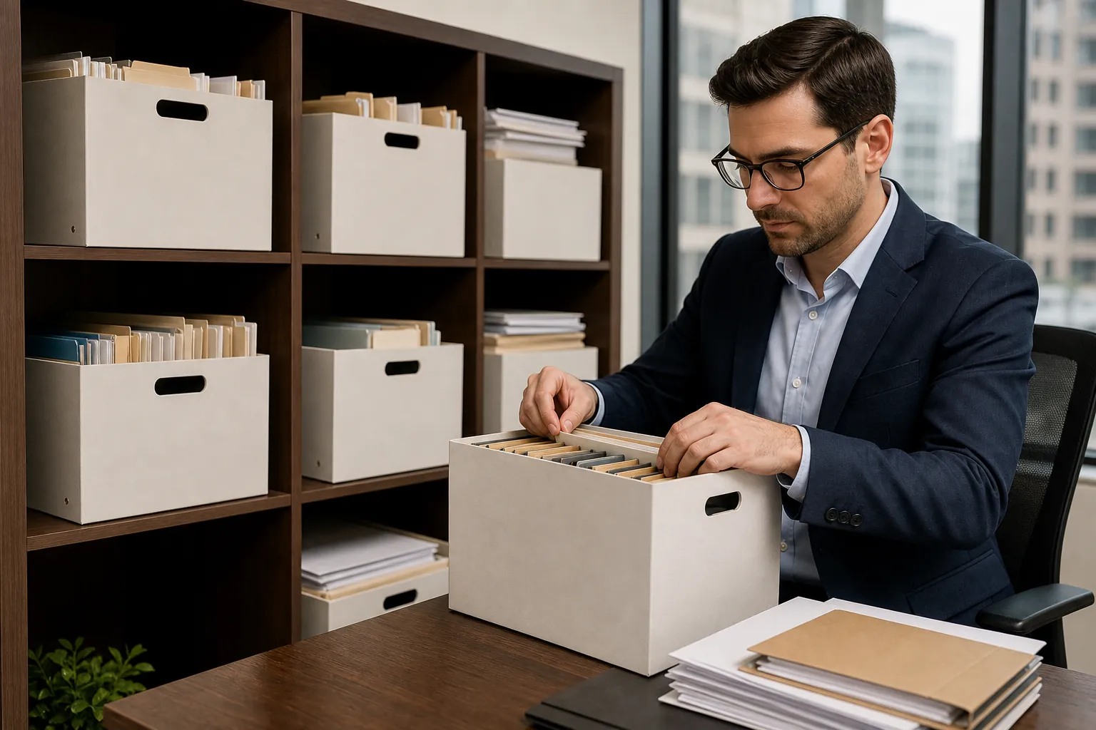 Businessman organizes file folders in a storage box beside shelves filled with neatly arranged records.