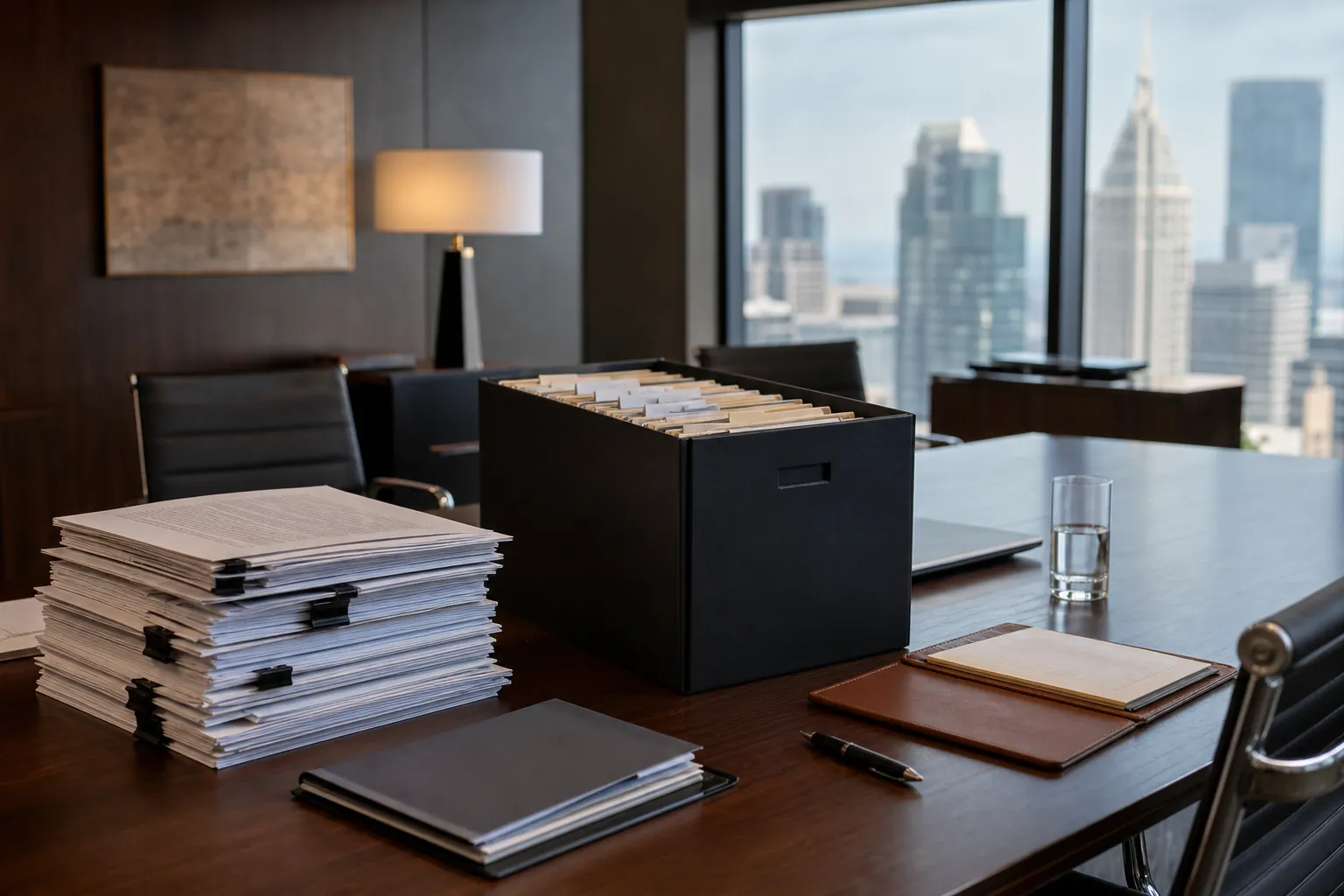 Conference table with stacked documents, a file box, folders, a laptop, and a city skyline through large windows.