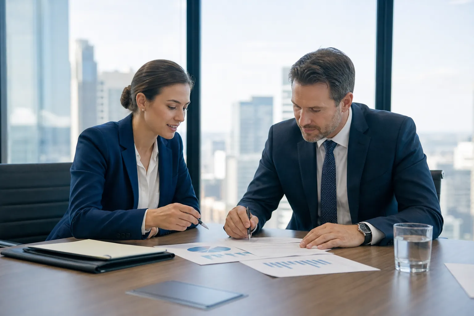 Two business professionals review printed charts together at a conference table in a modern city office.