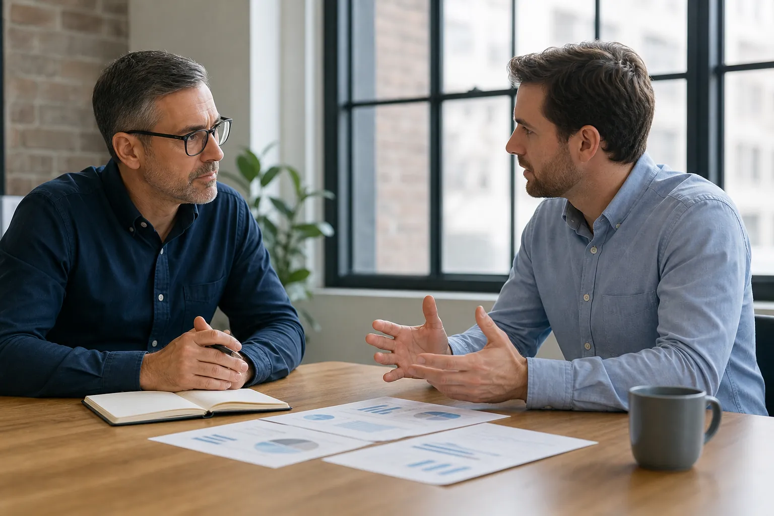 Professionals Defining Financial Engagement Value Two professionals discuss printed financial charts across a table, with an open notebook and coffee mug nearby.