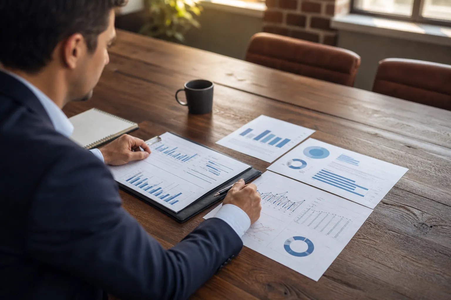 Reviewing Baseline Financial Performance Data Business professional reviews printed financial charts and baseline performance data at a conference table.
