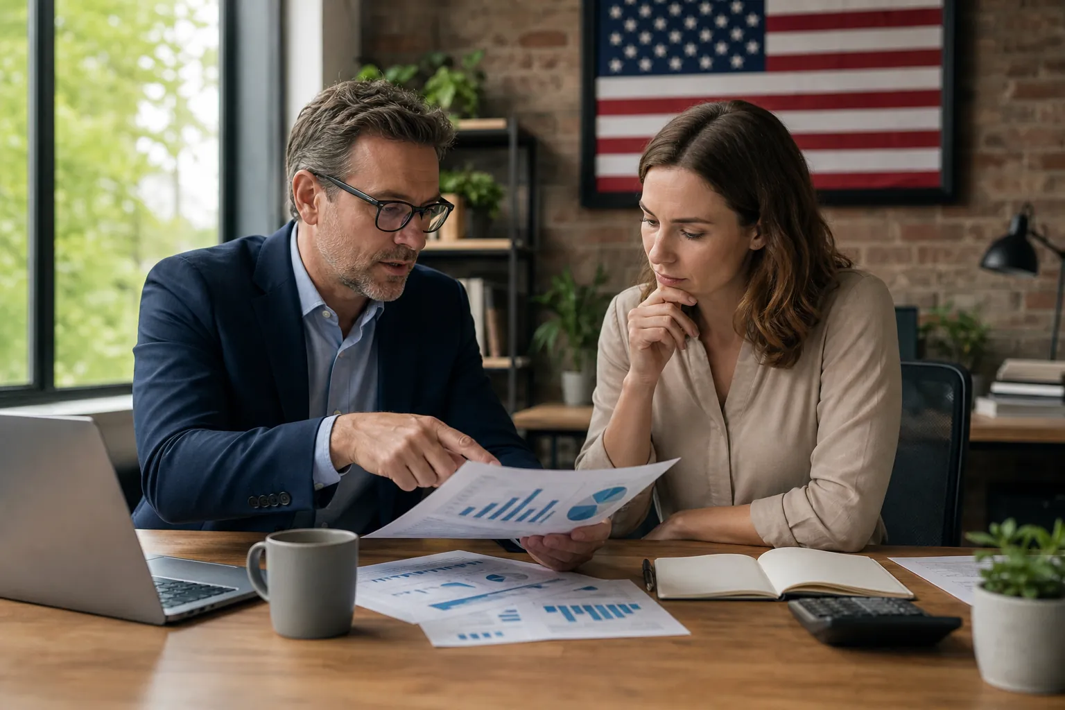 Business professionals reviewing financial performance charts Two business professionals review financial charts at a desk with a laptop, calculator, notebook, and American flag behind them.