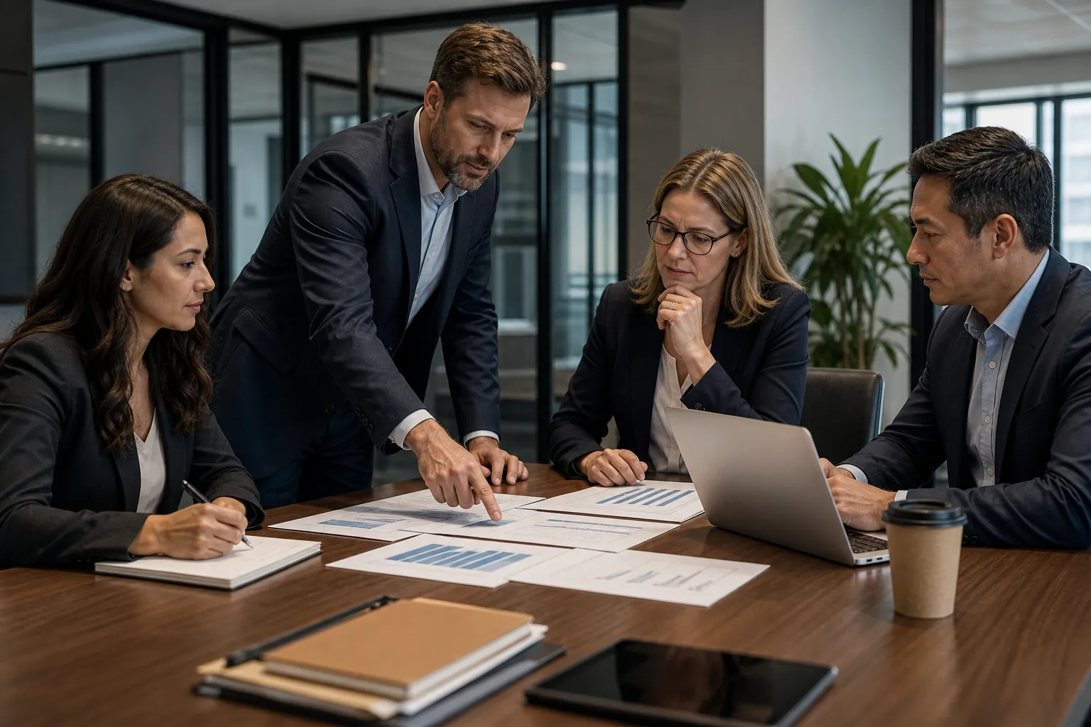 Four business professionals review financial charts and a laptop during a conference room meeting.
