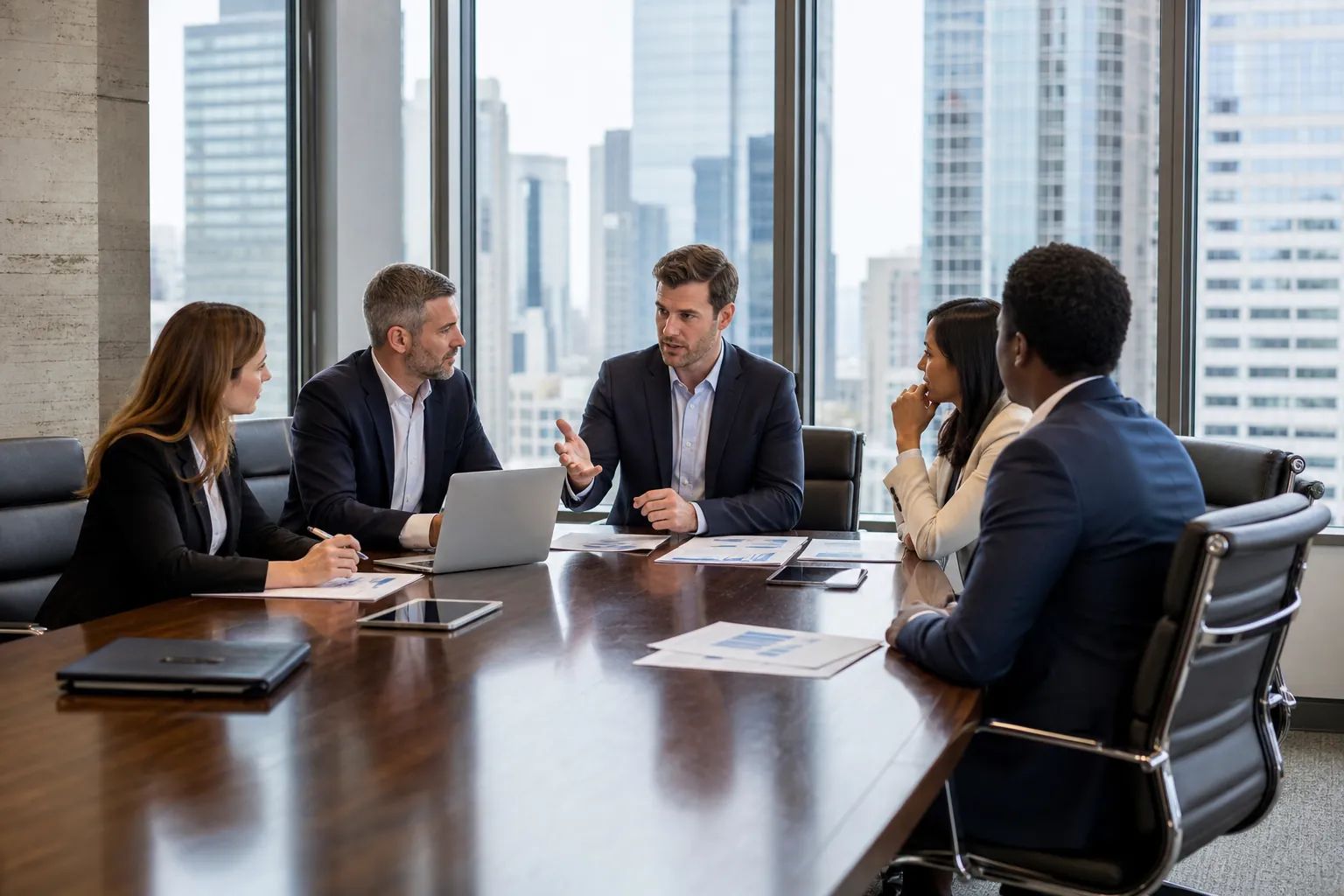 Five business professionals discuss financial documents around a conference table in a high-rise office.