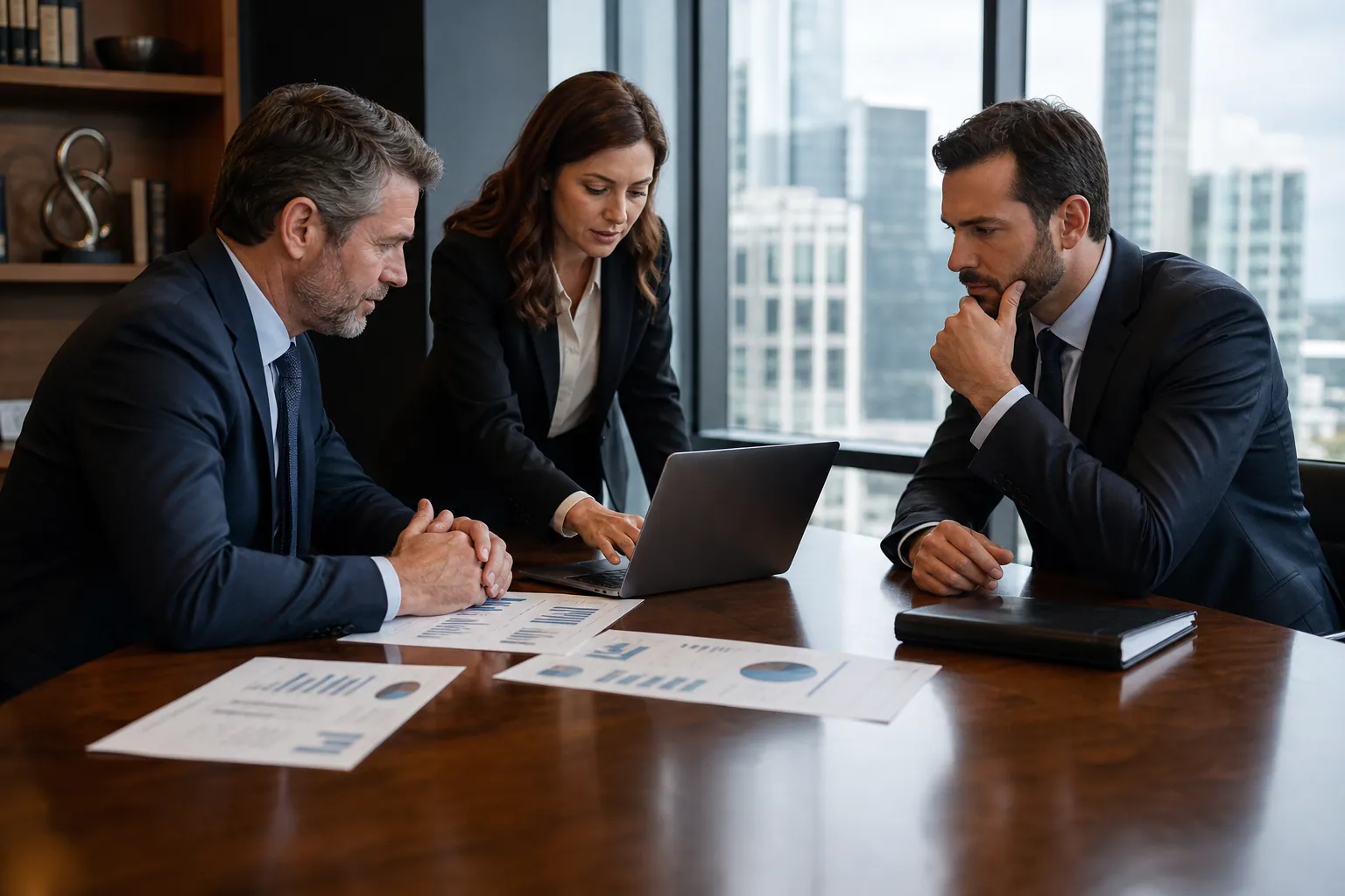 Three business executives review financial charts and a laptop during a meeting in a modern office.