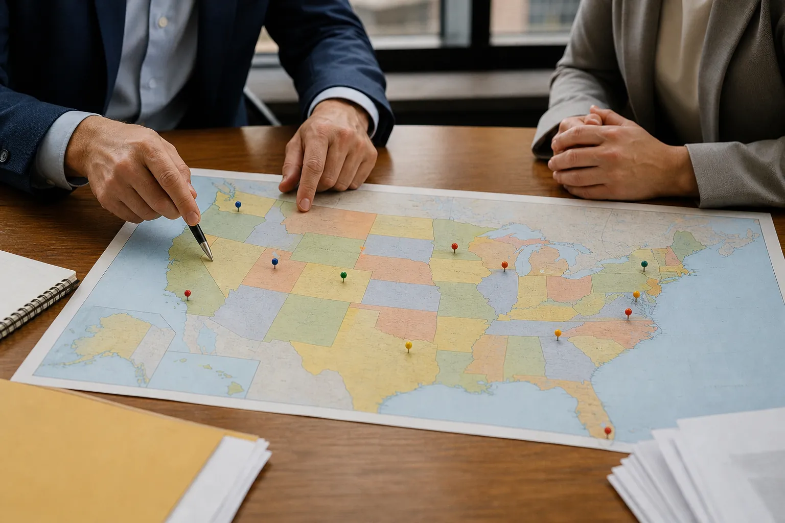 Businesspeople Mapping Multistate Operations Two businesspeople review a pinned map of the United States while one points to western states with a pen.