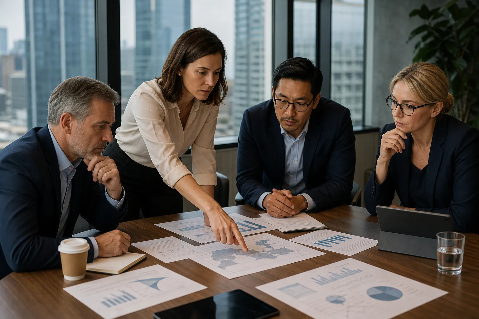 Business Leaders Coordinating Multistate Financial Planning Four business leaders review maps and financial charts around a conference table in a city office.
