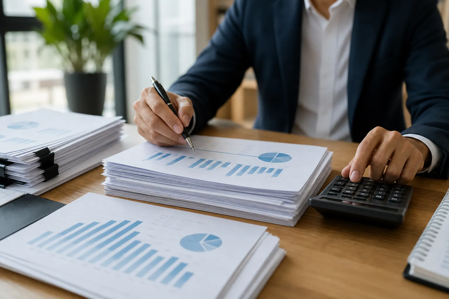 Reviewing Financial Statements With a Calculator Business professional reviews financial charts with a pen and calculator at an office desk.