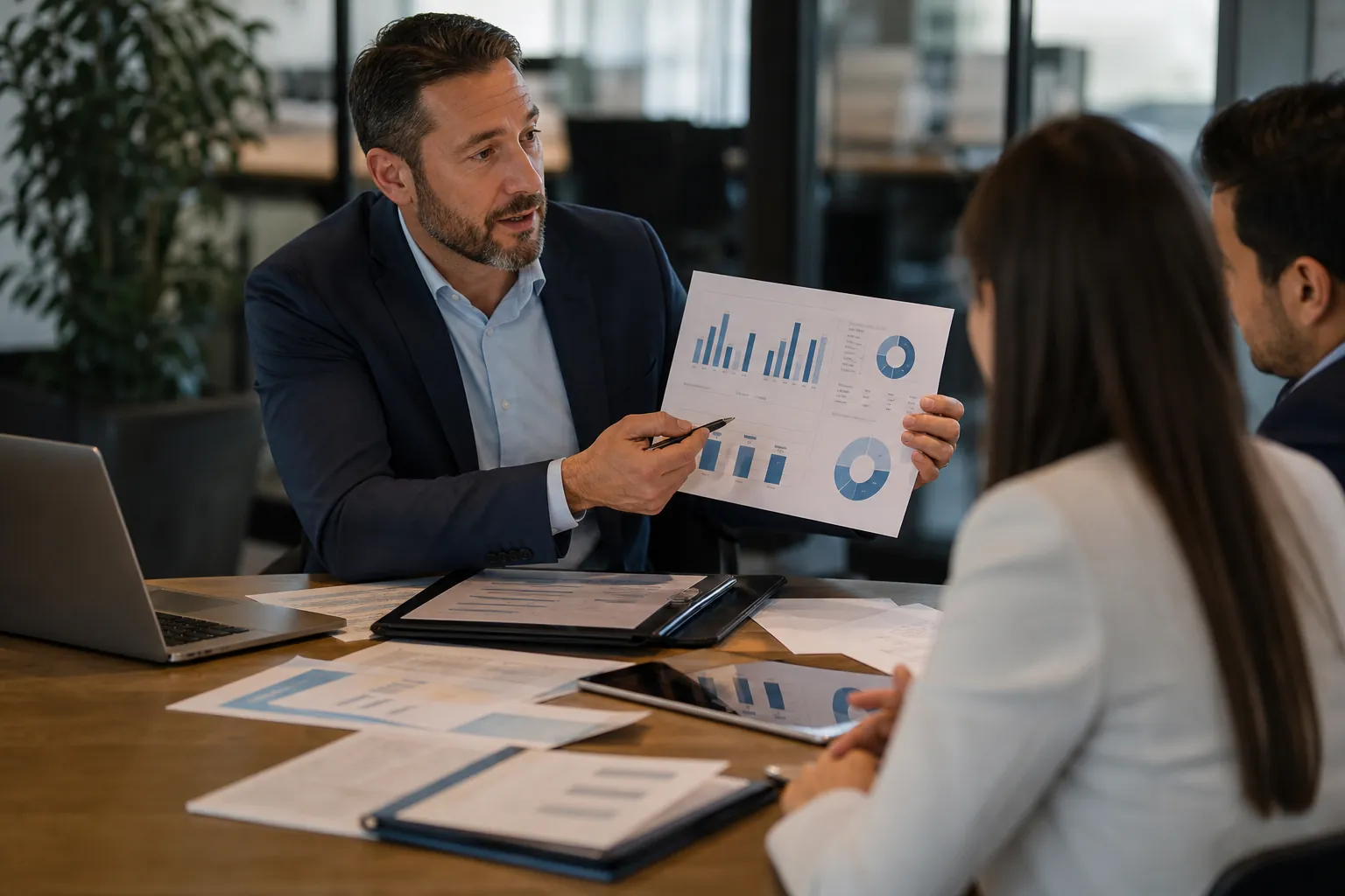 Reviewing Clean Financials Before a Business Sale Business adviser presents financial charts to two clients during a meeting about company performance and sale readiness.