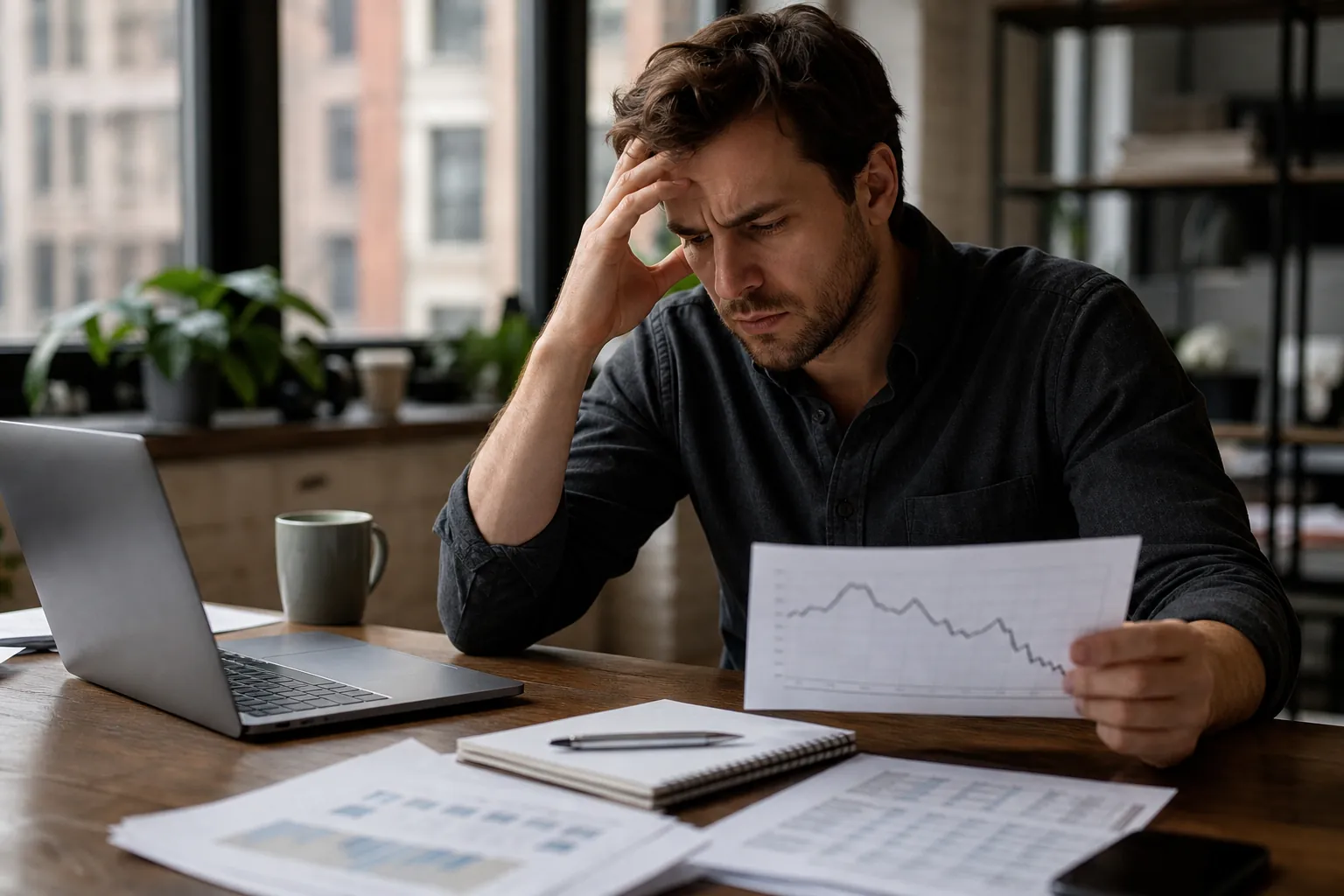 Worried Man Reviewing a Declining Financial Chart A worried man holds a declining line chart with one hand against his forehead, seated beside a laptop and financial papers.