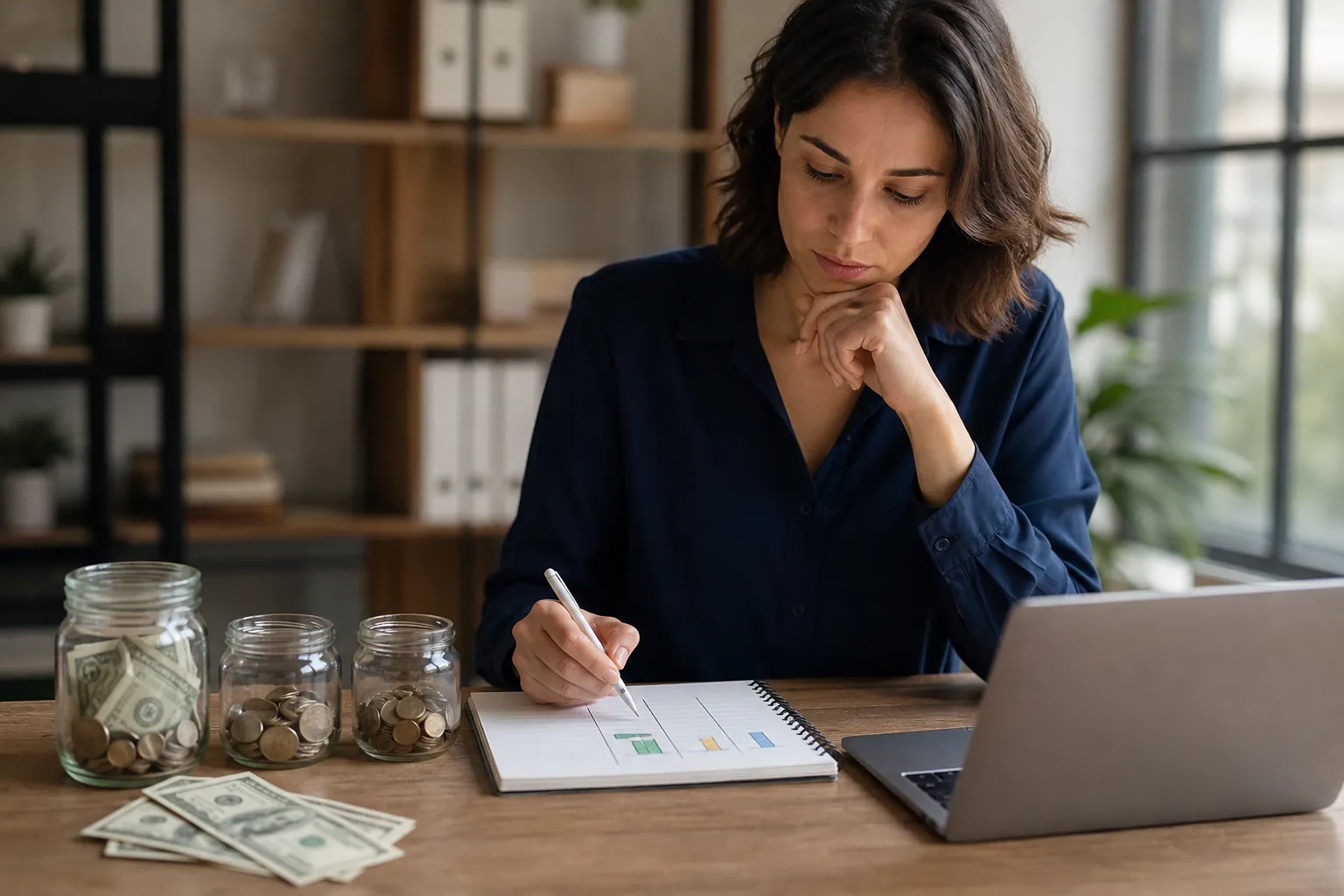 Reviewing Cash Allocations With Jars and a Notebook A woman reviews a notebook chart beside a laptop, three jars holding cash and coins, and loose bills on a wooden desk.