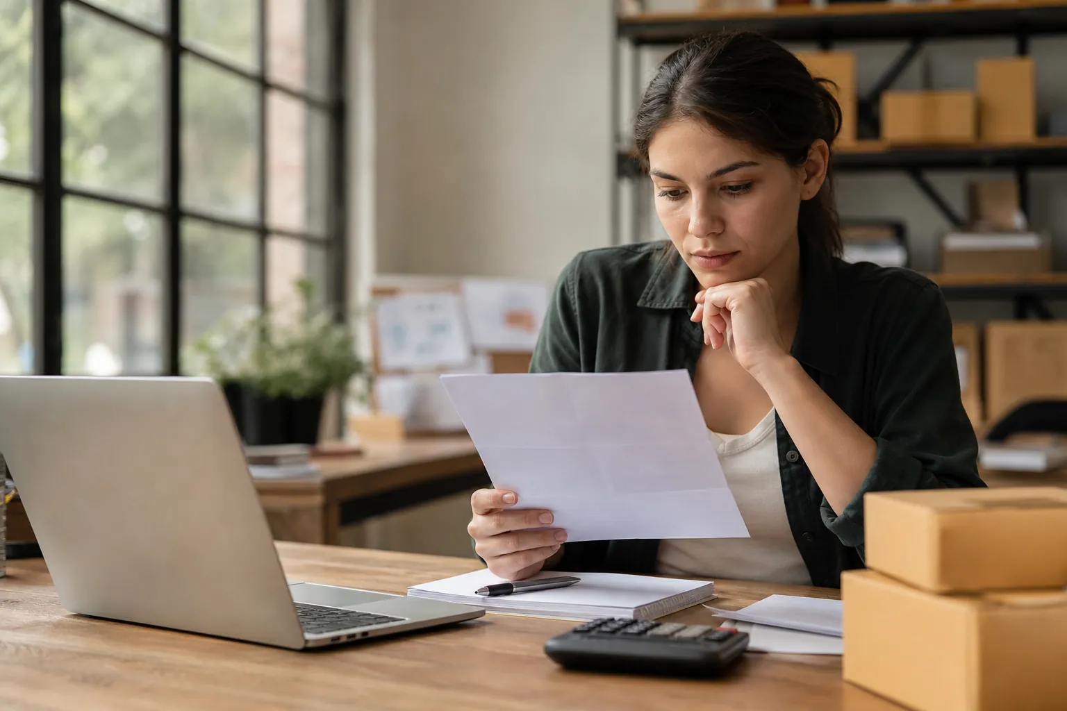 Woman Reviewing Paperwork Beside Shipping Boxes A woman studies a sheet of paper at a wooden desk with a laptop, calculator, notebook, and cardboard shipping boxes.