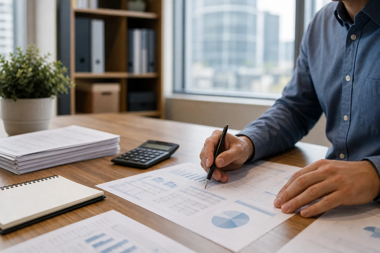 Reviewing Historical Financial Data for Investor Projections Business professional reviews printed financial charts with a pen beside a calculator, notebook, and stacked reports.
