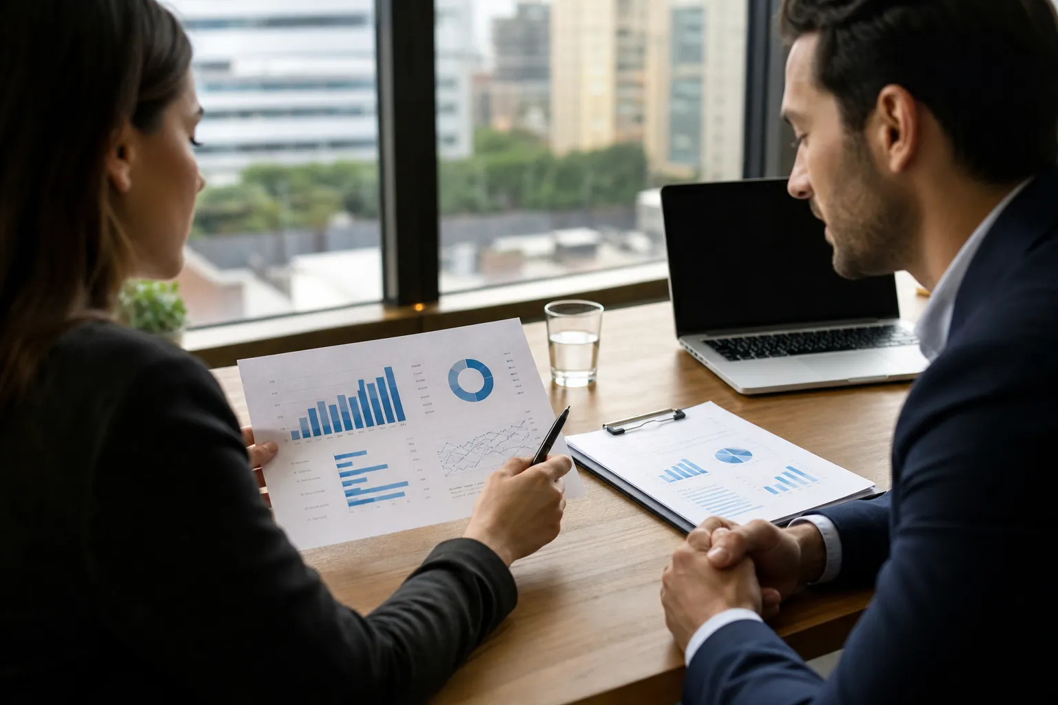 Professionals Reviewing Financial Projections Two professionals review printed financial charts and graphs beside a laptop during an office meeting.