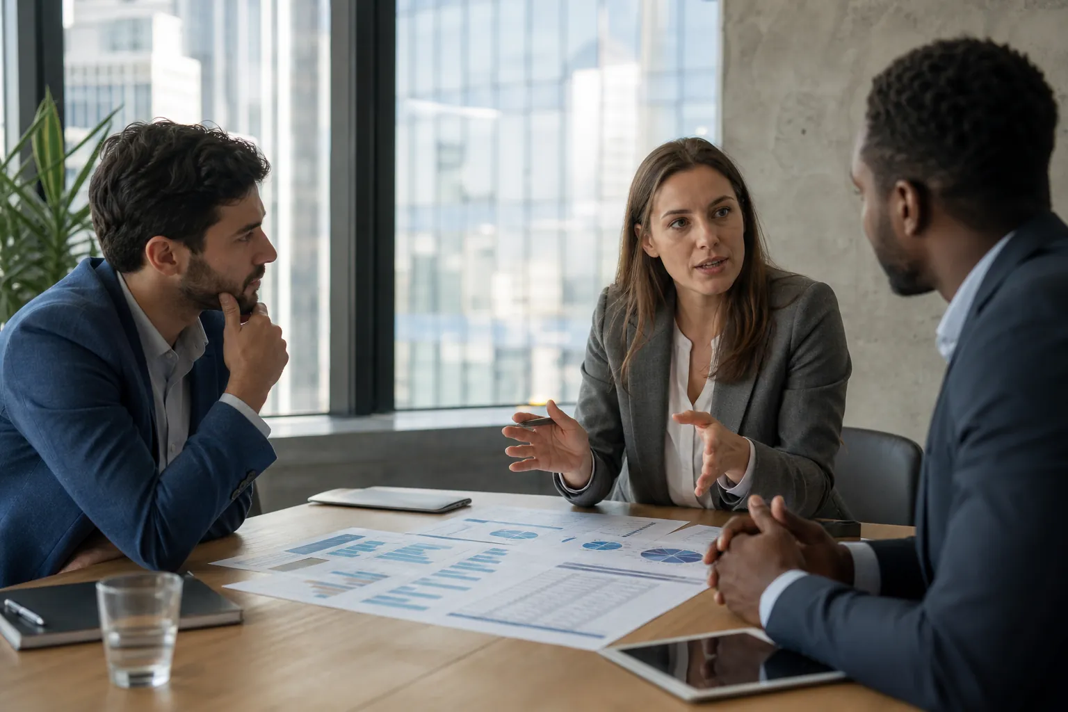 Business team reviewing financial projections for investors Three business professionals discuss printed financial charts and projections at a conference table in a modern office.