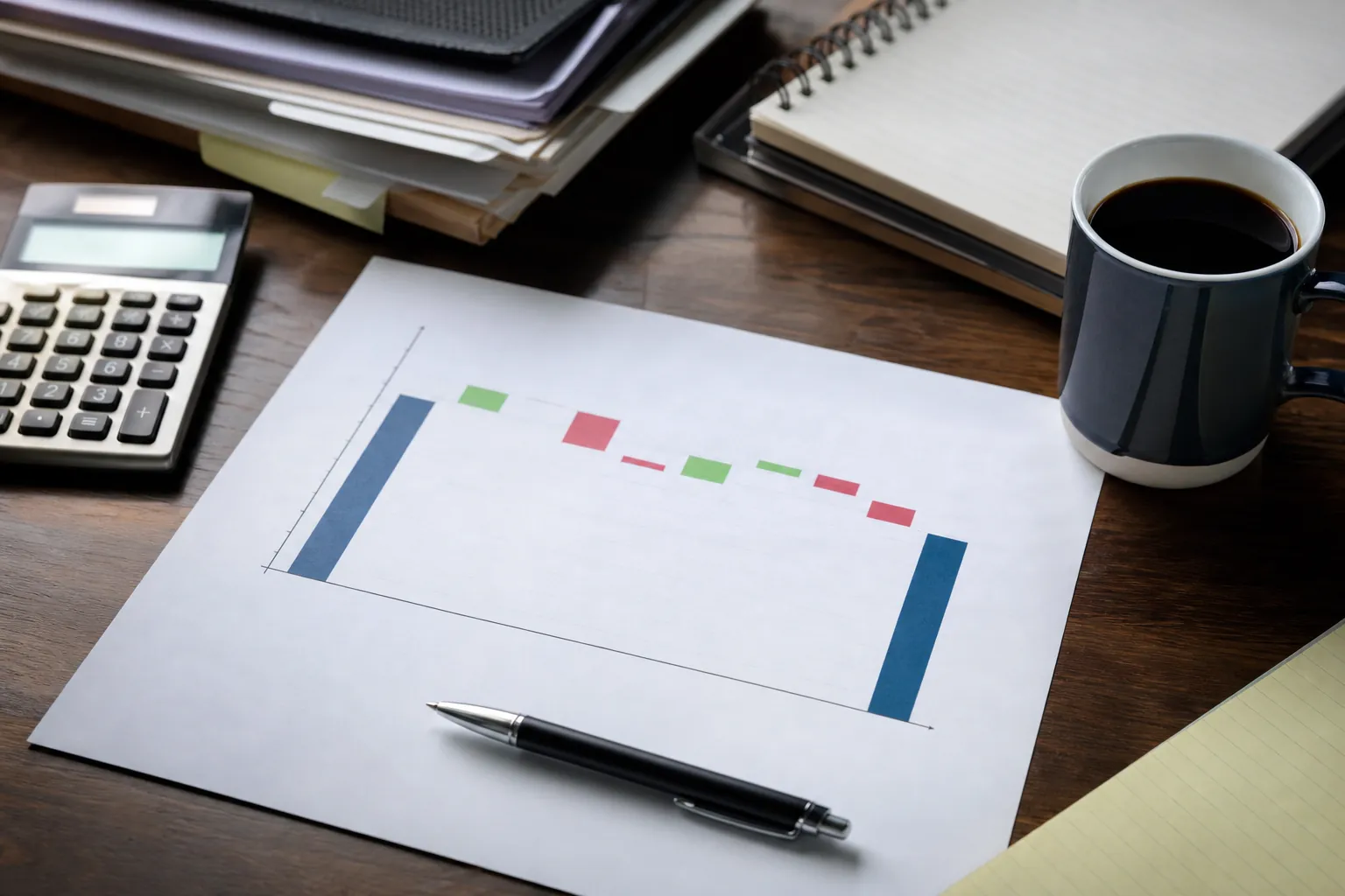 Desk with a printed earnings bridge chart, calculator, pen, coffee mug, notebooks, and stacked folders.