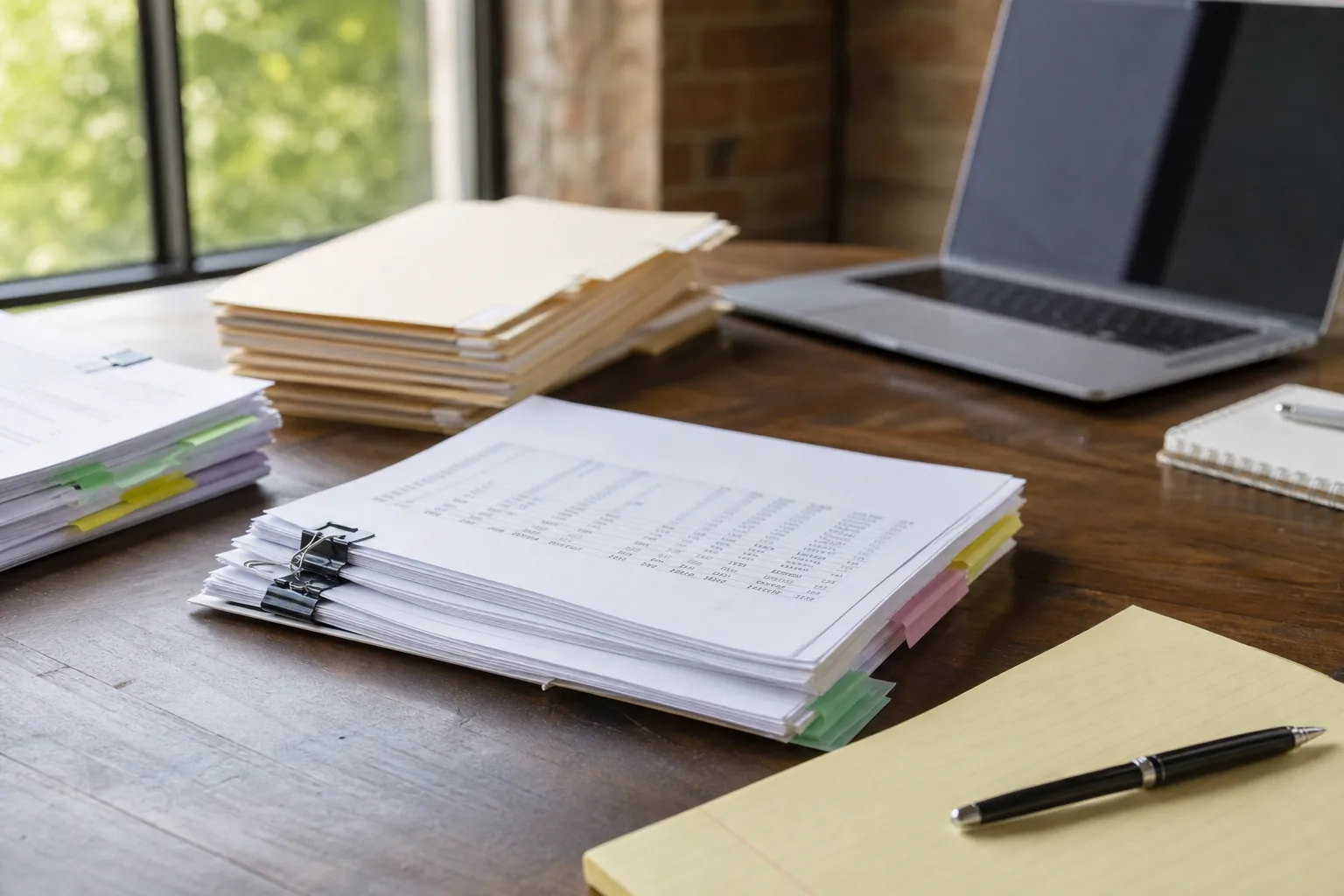 Stacks of financial documents, folders, a laptop, legal pad, and pen arranged on a wooden office desk.