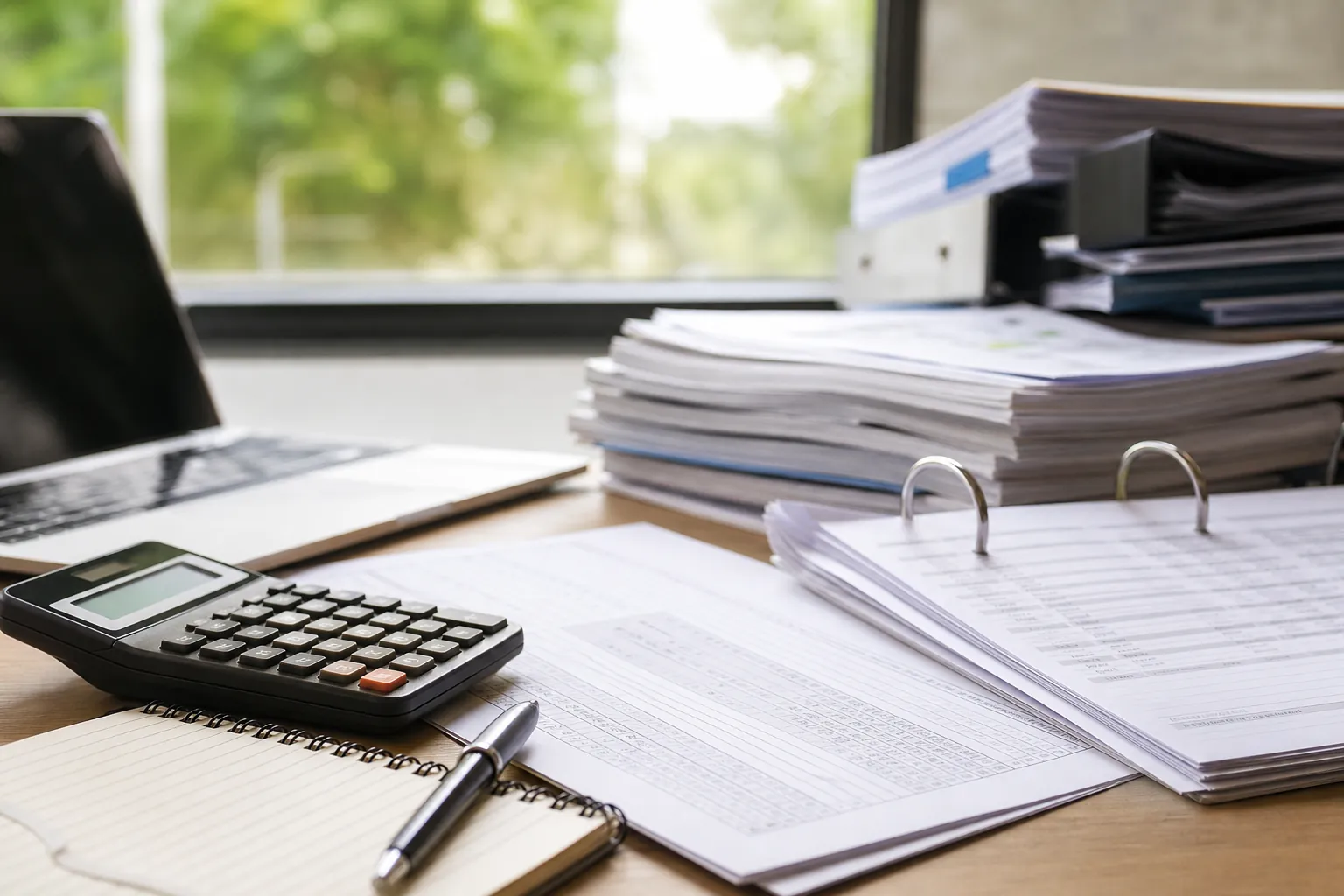 Calculator, laptop, notebook, binder, and stacks of financial documents arranged on an office desk.