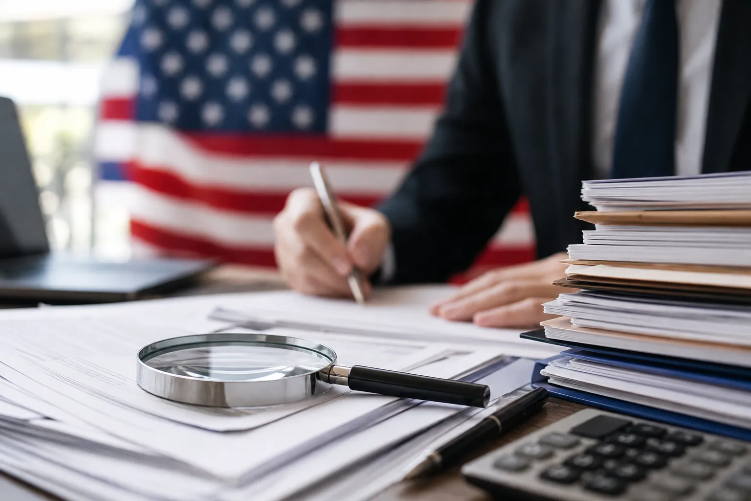 Reviewing Balance Sheet Records Before US Due Diligence Accountant reviewing financial documents with a magnifying glass, calculator, file stack, and United States flag behind.