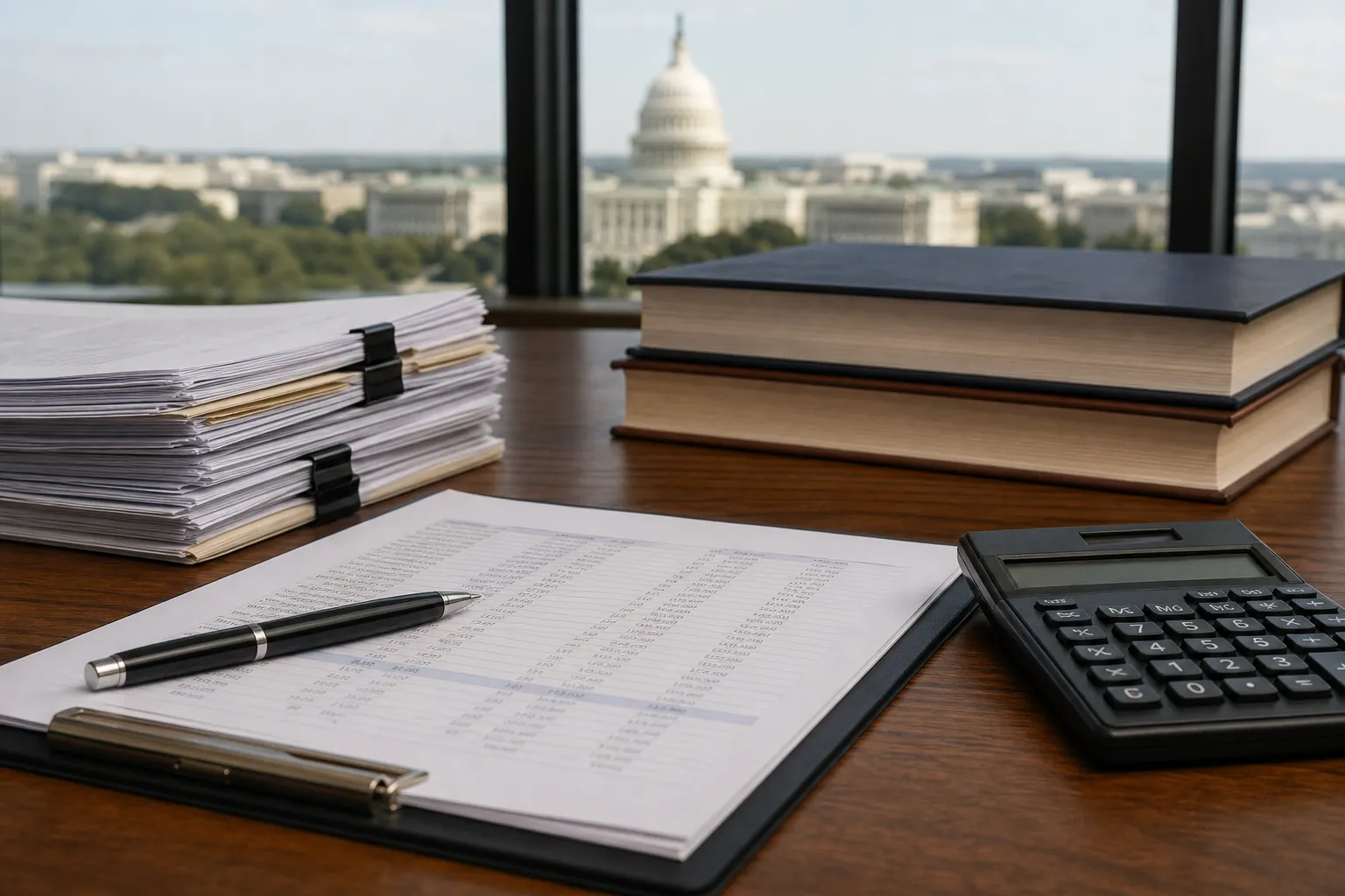 Balance sheet review documents near the U.S. Capitol Financial statements, calculator, pen, document stacks, and books on a desk overlooking the U.S. Capitol.