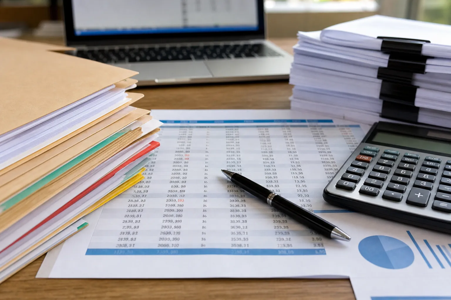 Balance Sheet Reconciliation Documents and Calculator Financial spreadsheets, folders, a calculator, pen, and laptop arranged for balance sheet account reconciliation.