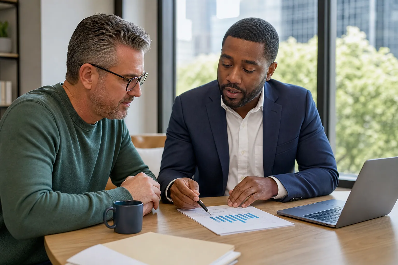 Two men review a printed blue bar chart at a wooden office table with an open laptop, a coffee mug and folders.