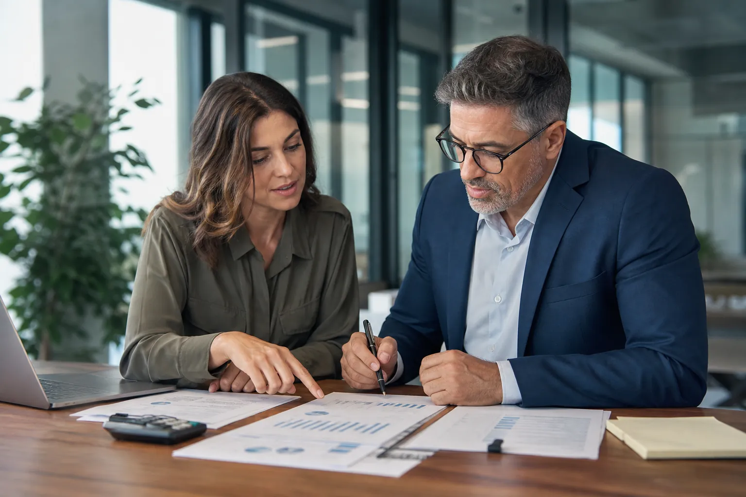 Two professionals review printed financial charts at an office table with a laptop, calculator, and notepad.