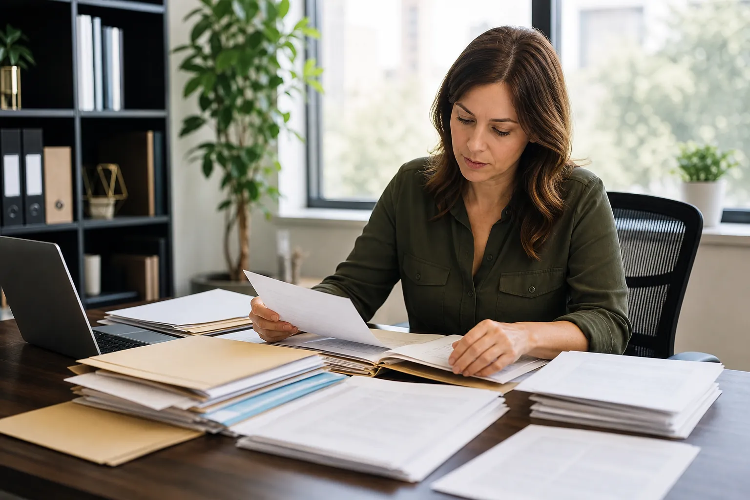 A woman reviews paperwork at a desk with an open binder, stacked folders, loose documents, and a laptop.
