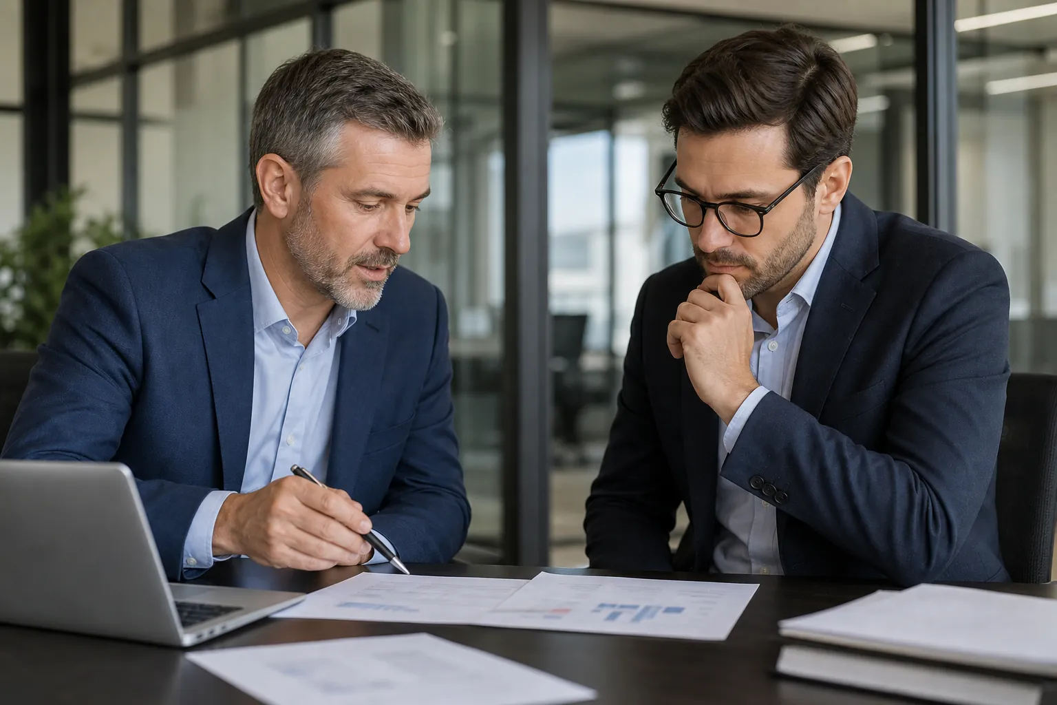 Business professionals reviewing financial documents Two suited business professionals review financial documents beside a laptop in a modern glass-walled office.