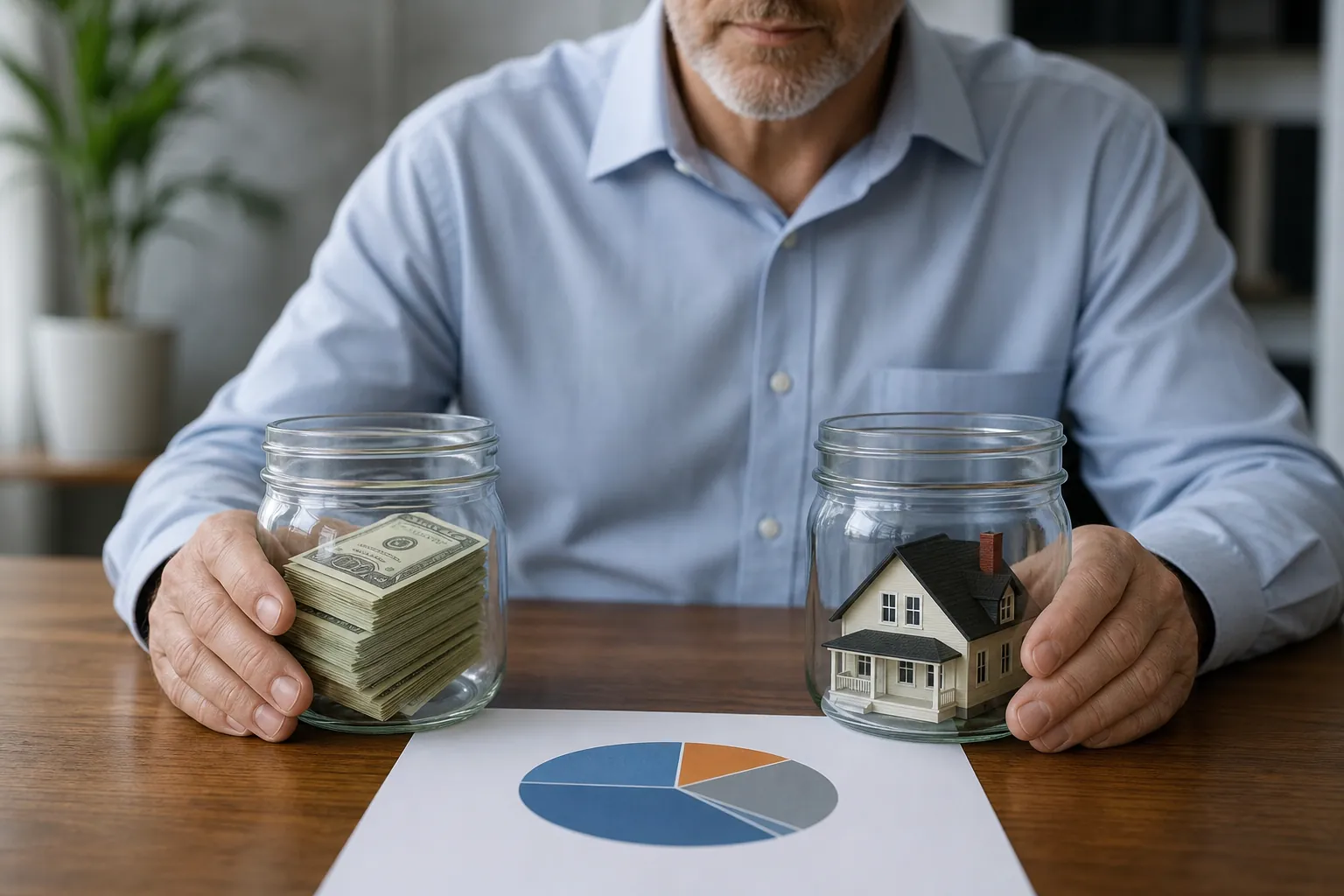 Separating usable cash from other business sale proceeds Businessman holds jars containing cash and a model house beside a pie chart, illustrating how sale proceeds may be allocated.