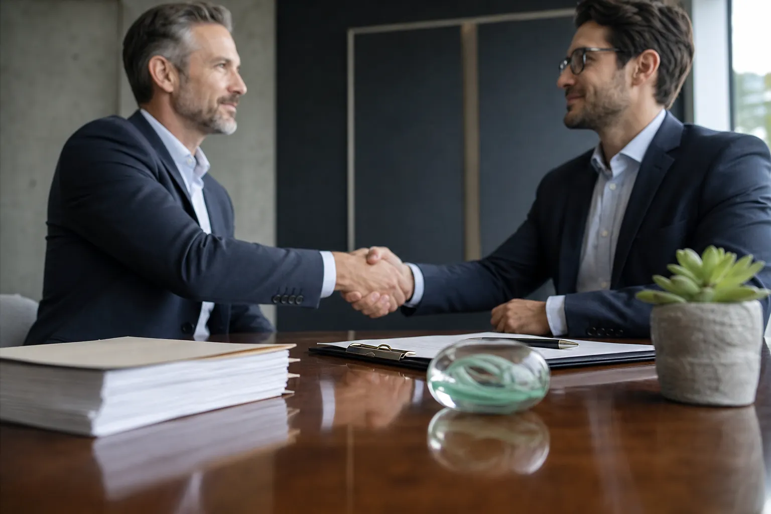 Businessmen Shaking Hands Across a Conference Table Two suited businessmen shake hands across a conference table with documents, a glass ornament, and a potted plant.