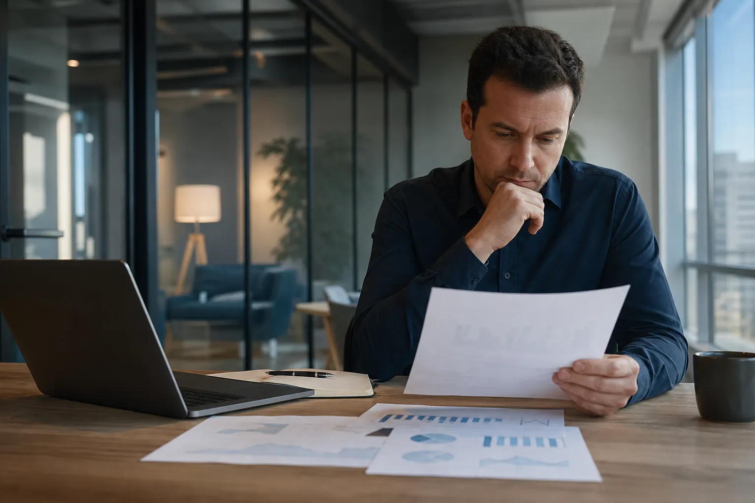 Founder Reviewing Financial Downside Scenarios Concerned businessman reviews financial charts and reports beside a laptop in a modern office.