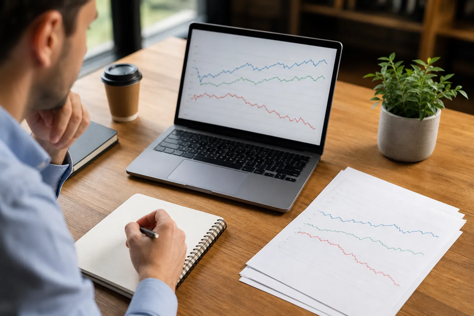 Founder Reviewing Financial Forecast Scenarios A man takes notes at a desk while reviewing three financial forecast lines on a laptop and printed charts.